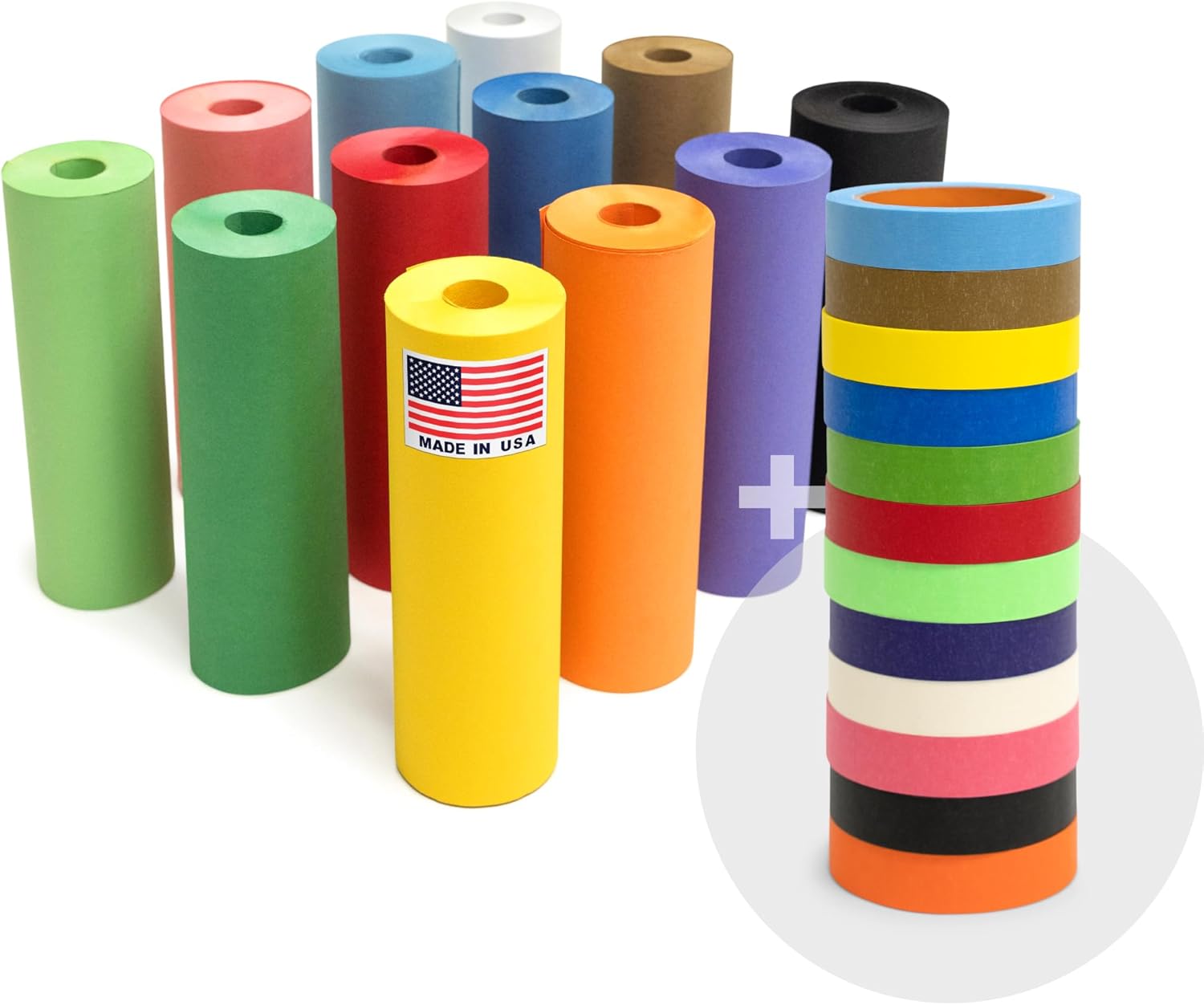 12 Rolls of 9" x 1200" Colored Kraft Paper and 12 Rolls of Colored Masking Tape (1” x 1080 ft) - Matching Vibrant Colors - Bulk Kids Craft Supplies - For Arts, Decoration, DIY, School Projects