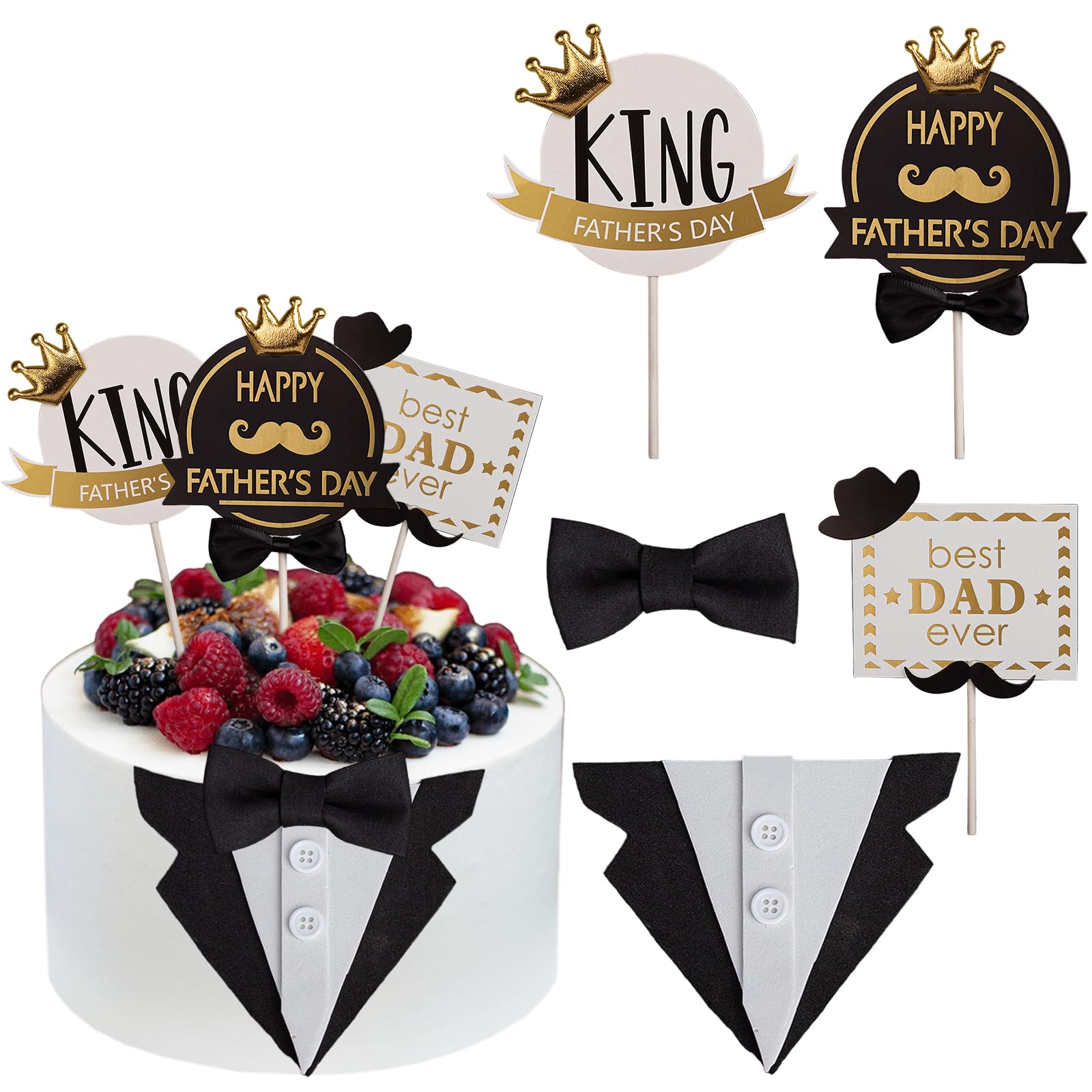 Happy Birthday Cake Toppers For Dad - 7 Piece Father's Day Decoration Set With Bow Tie & Accessories