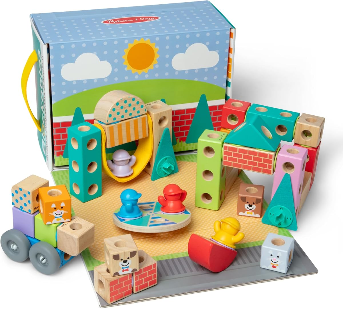 Blockables Town Connectable Wooden Building Blocks | 73 Pcs, Wooden Building Blocks, Connectors, Play Figures, Neighborhood Building Pretend Play, Toddler Toys for Kids, Ages 2+