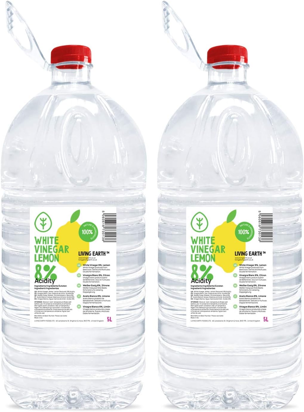 2 x 5 litres | Living Earth 8% Cleaning Vinegar | Refreshing Lemon Scent | Multipurpose Uses & Cleaning