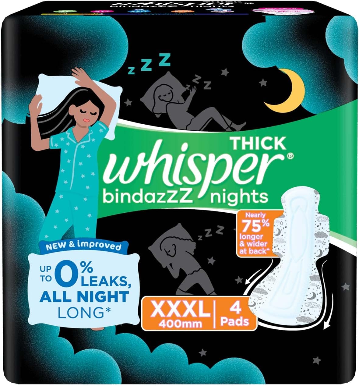 Bindazzz Night Sanitary Pads|4 thick Pads|XXXL|upto 0% Leaks|Suitable for Heavy Flow|75% Longer & Wider back|Comfortable Cushiony soft wings|40 cm Long|With disposable wrap