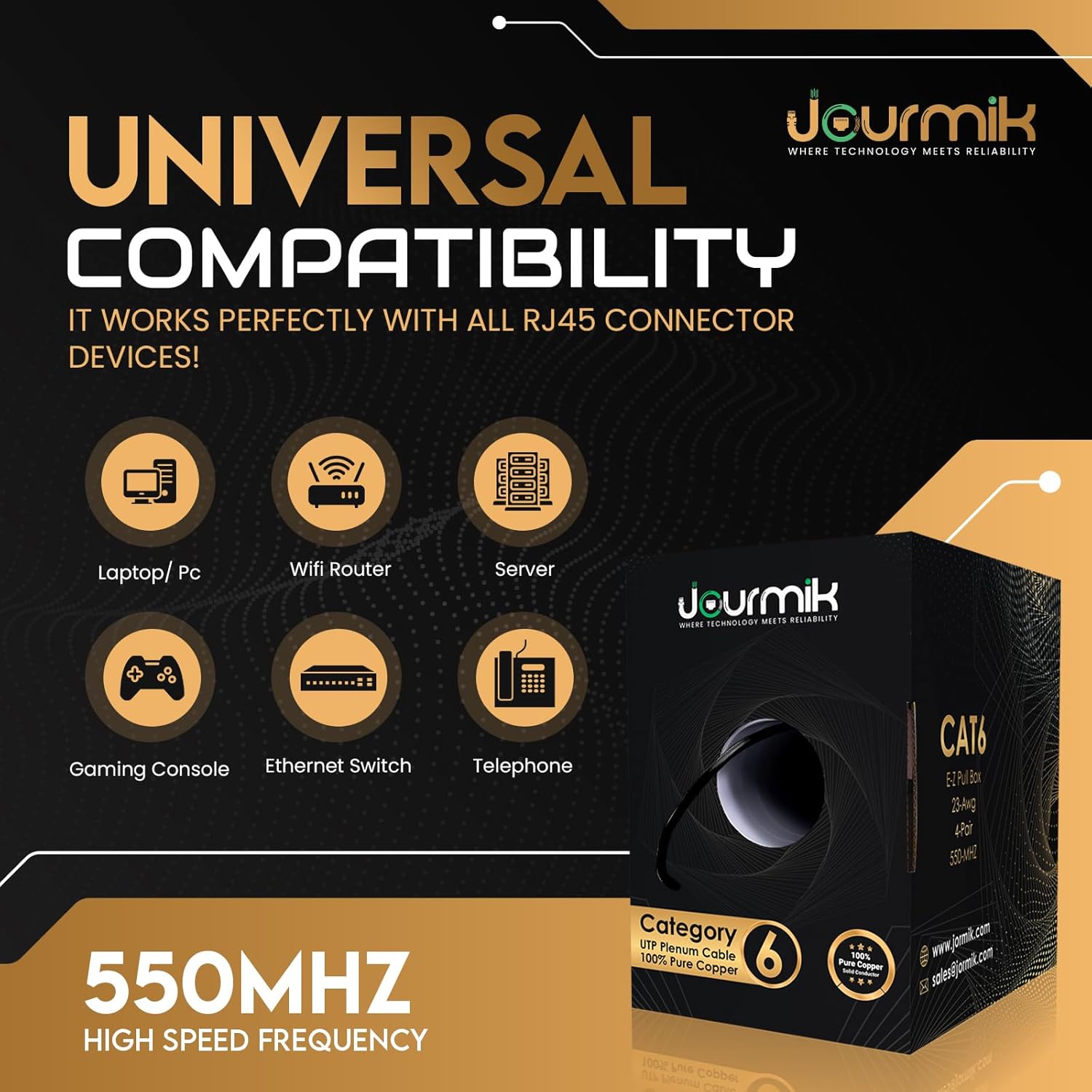 Jourmik | CAT6 Plenum Ethernet Cable 1000ft | 100% Pure Copper CMP Rated Fire Resistnace | 10Gbps, 23AWG, 550MHz, UTP | Bulk Network Cable for Commercial, Industrial & Residential Networking | Black
