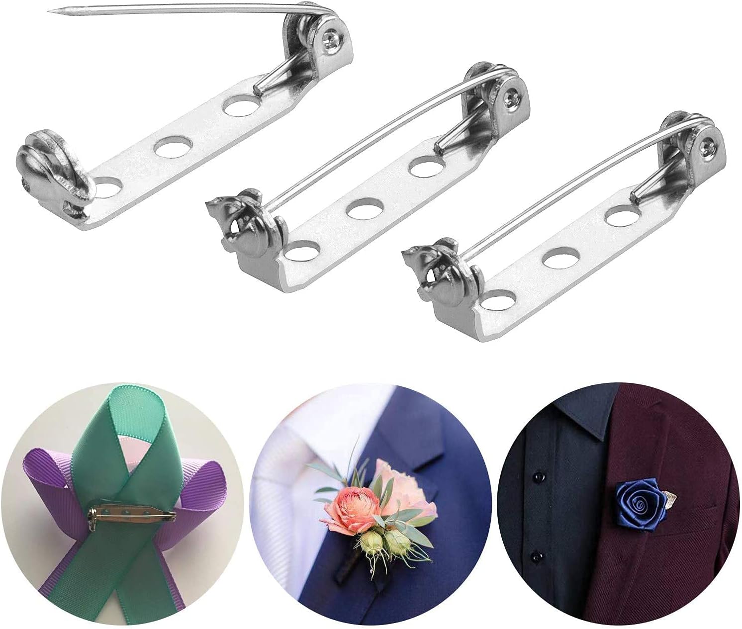 100 Pcs Silver Safety Pins 1 Inch Pin Back Clasp Brooch Pins Backs with 3 Holes Safety Locking for Making Corsage, Name Tags, Badges, Citation Bars