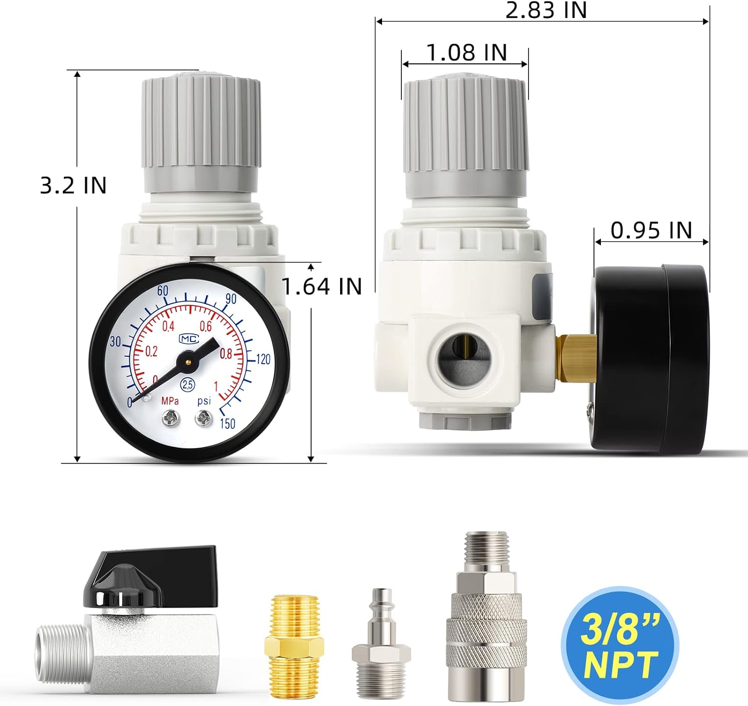 MEANLIN MEASURE 3/8 Inch NPT Air Compressor Regulator with Gauge, 0-150 PSI BR3000 Air Gauge Regulator Inline for Compressor & Pneumatic Tools