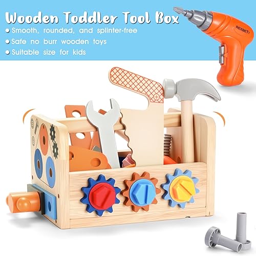 Vista 2 de REXBETI Kids Tool Set with Electric Drill, 43Pcs Wooden Toddler Tool Bench with Apron, Educational Montessori Toys for 3 Year Old Boys, Toddler Tool