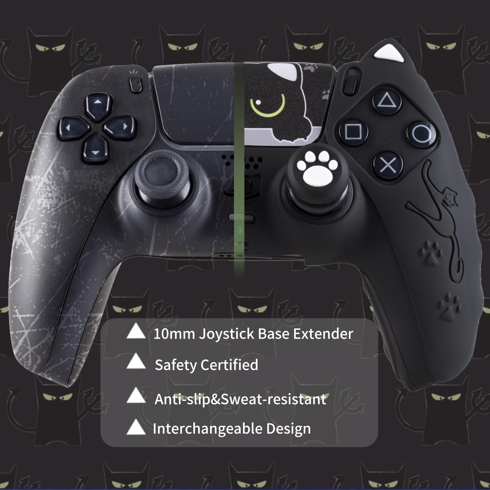 1 x Silikon-Aufkleber und Verlängerungsgriffe für PS5-Controller, Katzen, Schwarz