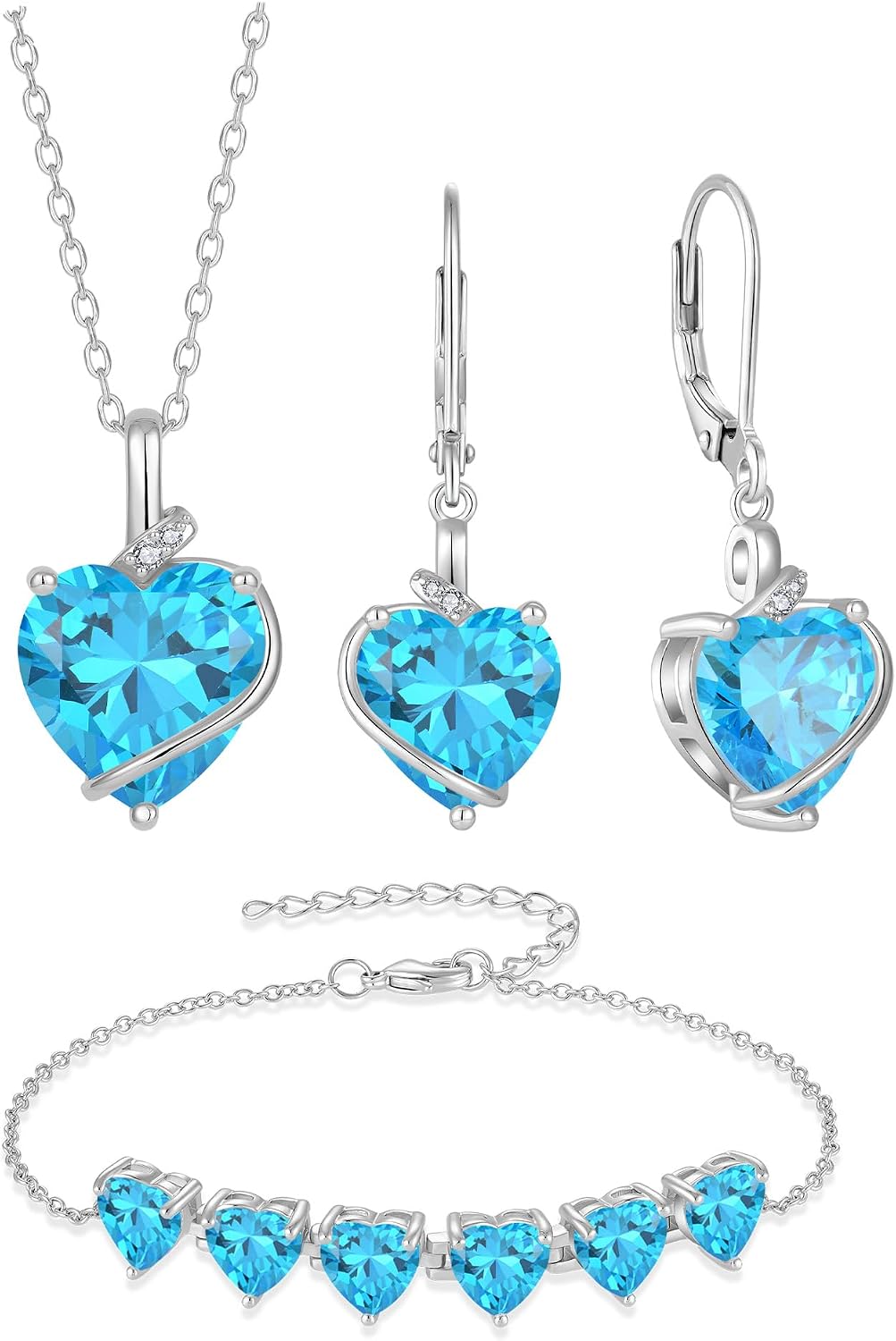 Aquamarine Jewelry Set Silver Tone Heart Shaped March Birthstone Necklace Earrings Bracelet for Women