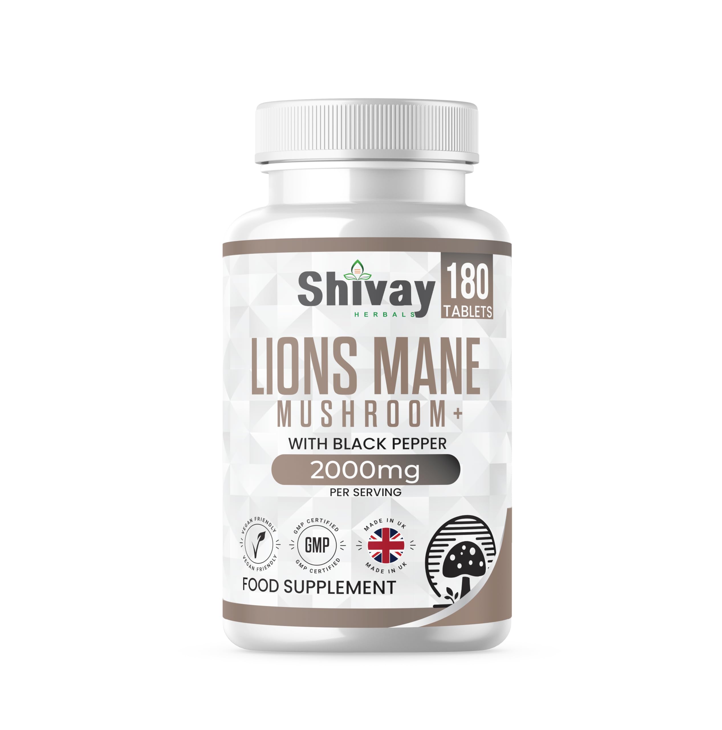 Lions Mane Mushroom 2000mg – 180 Vegan Tablets – High Strength with Black Pepper for Absorption – Brain Supplement for Focus, Memory & Clarity – 3 Month Supply – Made in UK Shivay Herbals