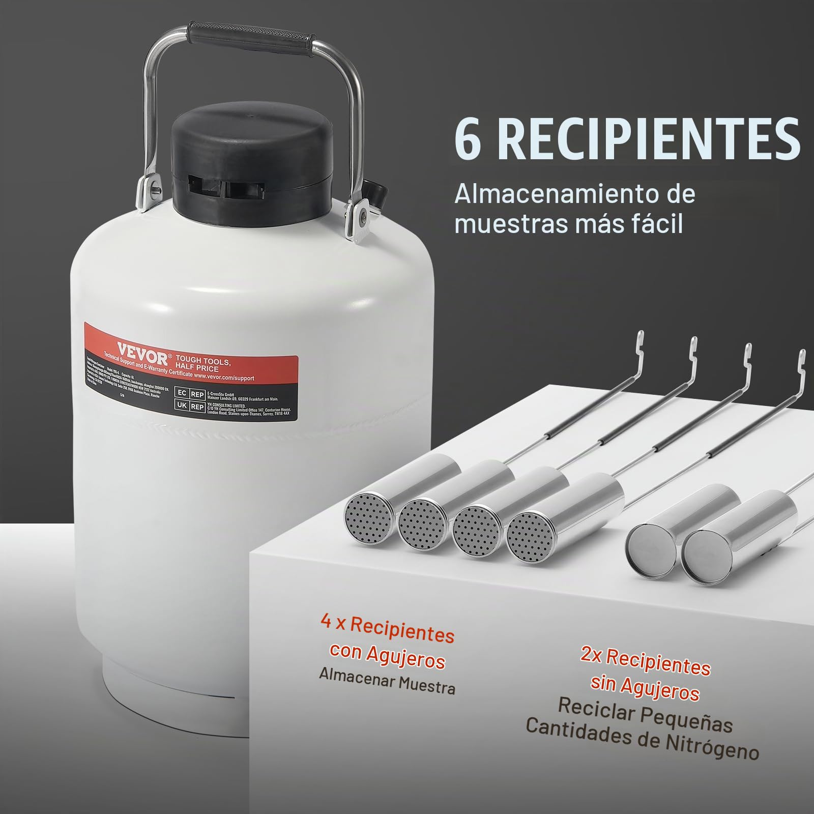 VEVOR Tanque de nitrógeno líquido, contenedor de nitrógeno líquido de aleación de aluminio de 10 L, Dewar de tanque LN2 con 6 botes y bolsa de transporte con correas, tanque criogénico para