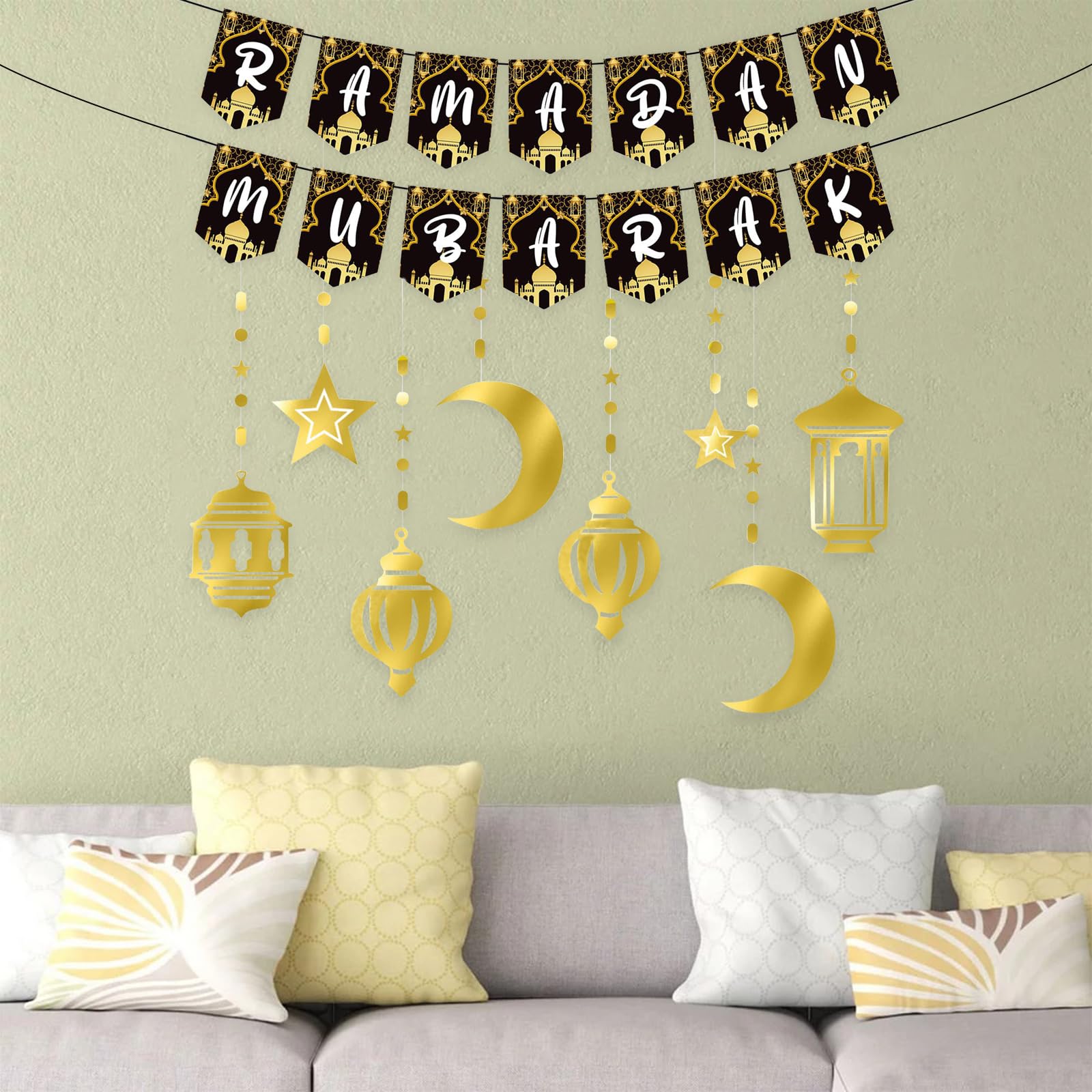 Ramadan Kareem Banner Gold Glitter Eid Festival Party Decorations Eid Mubarak Muslim Ramadan Party Supplies for Home Door Table Wall Outdoor