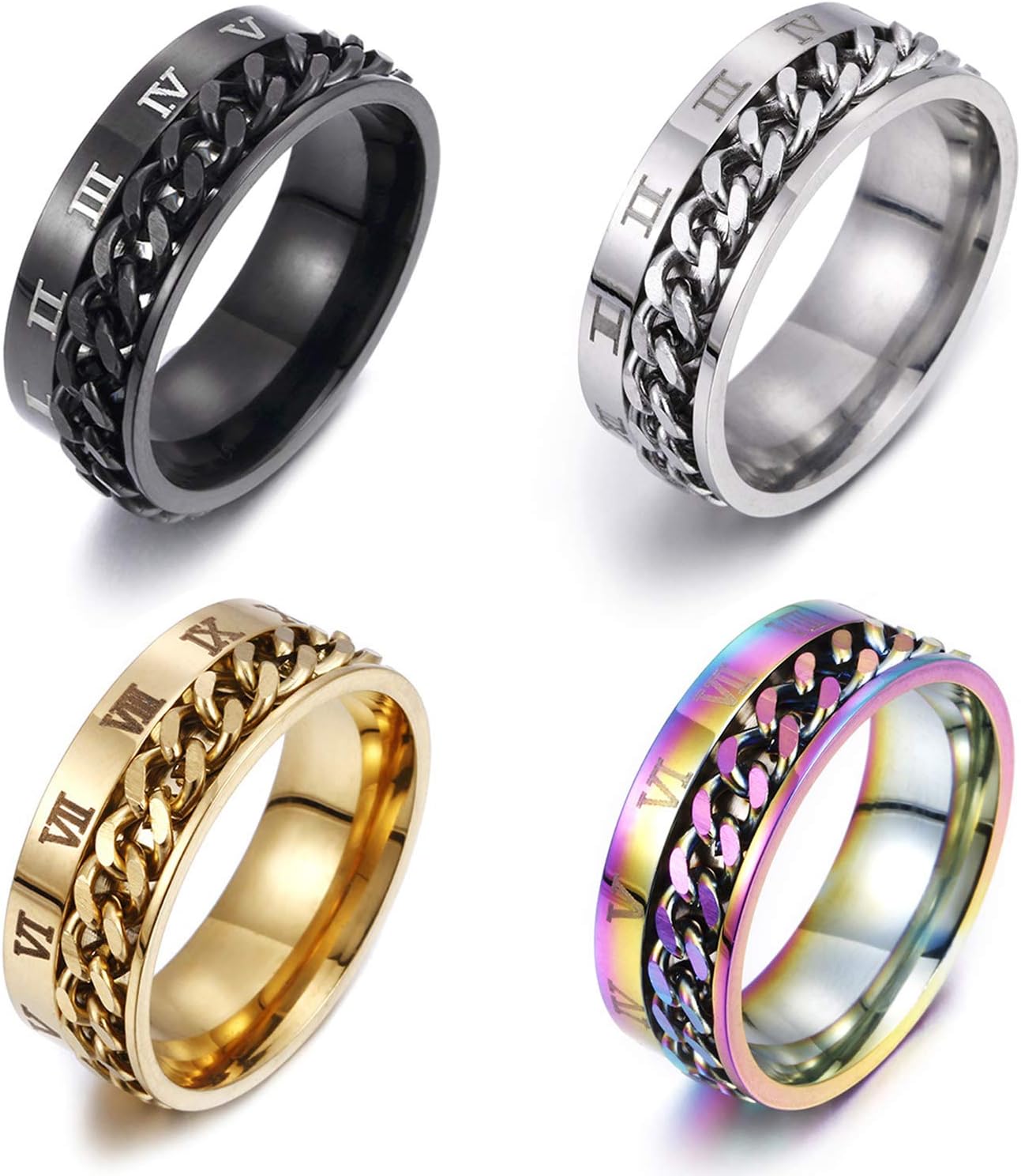 Gleamart 4Pcs Stainless Steel Rotatable Chain Ring Roman Numerals Spinner Ring Set for Men