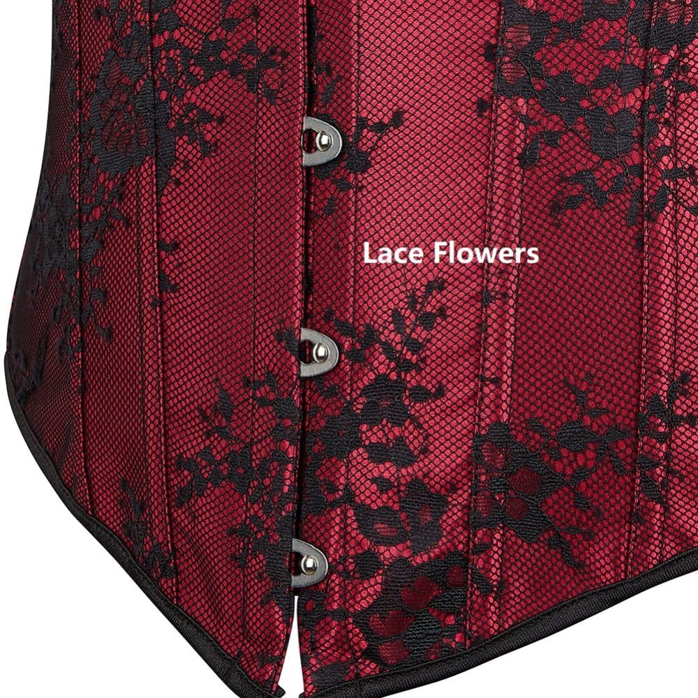 Corsetto Bustier A Maniche Corte In Pizzo Bordeaux Per Donna - Sexy Push Up Overbust Corsetto Basco Bustier Femminili Con Controllo Della Pancia, Bralette Da Festa Punk Gotico Body Shaper Top Da Donn