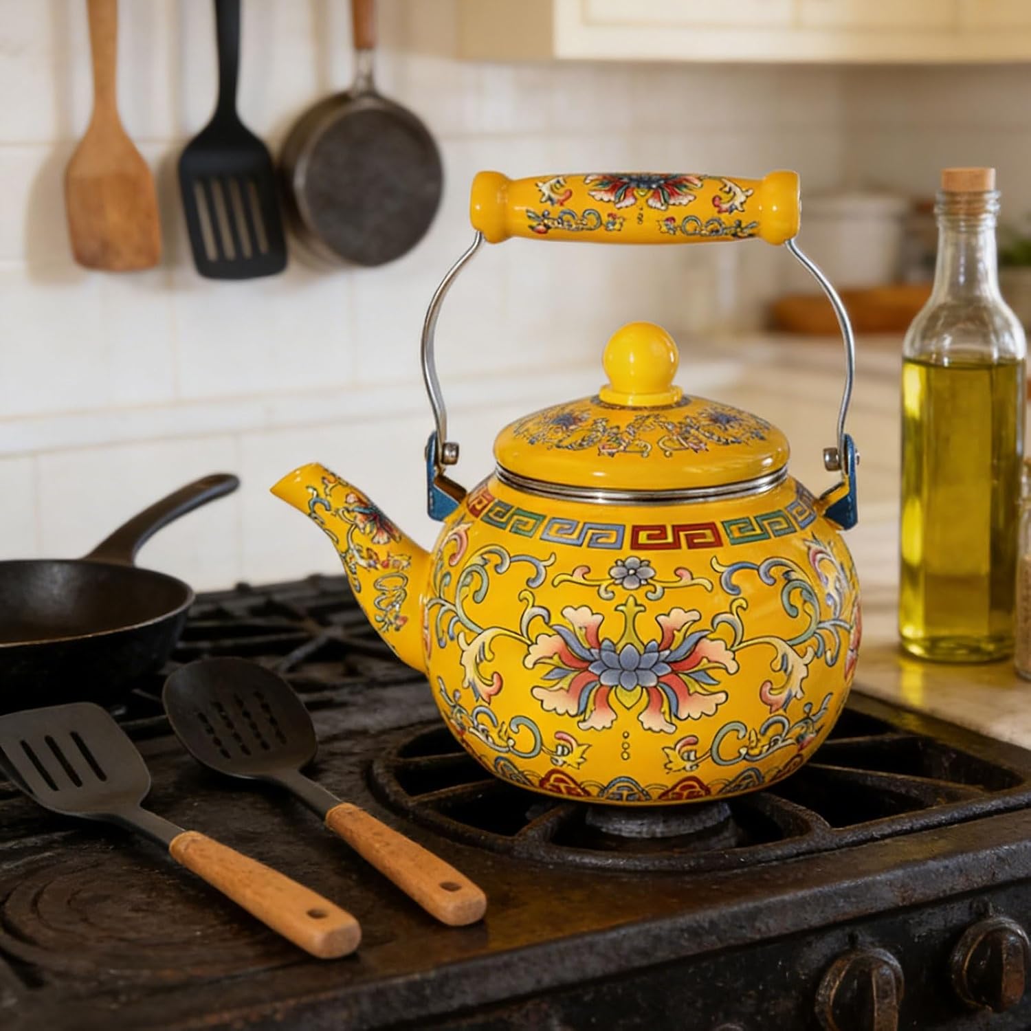 Vintage Floral Yellow Enamel Tea Pot, 2.1 Quarts Tea Kettle with Infuser, Teapot for Stove Top with Cool Touch Ergonomic Ceramic Handle for Boiling Water Coffee or Milk