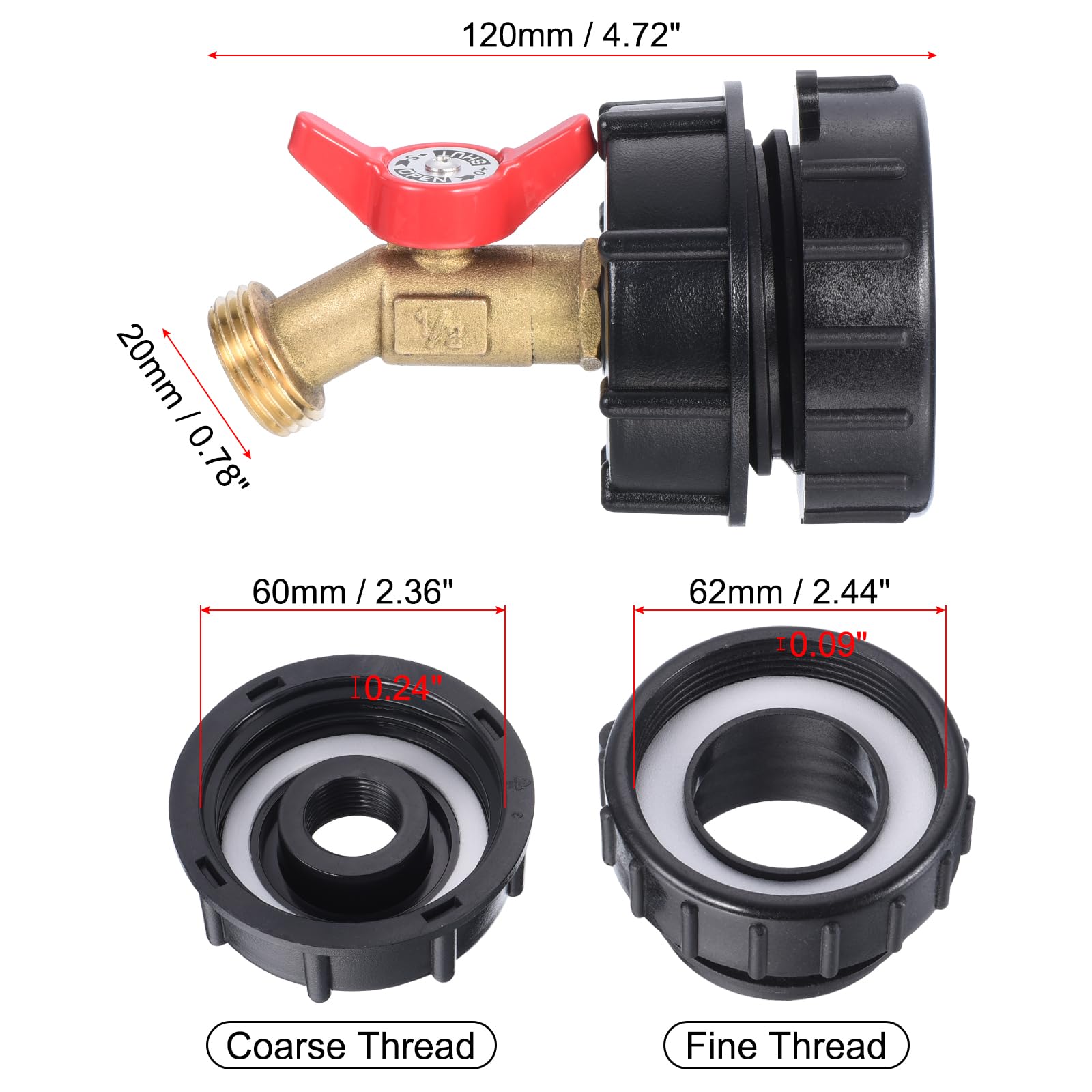PATIKIL IBC Tote Adapter 275-330 Gallon IBC Tote Tank Adapter 2.44" Fine Thread 1/2" NPT Inlet x 3/4" GHT Brass Hose Faucet Valve Tool IBC Water Tank Fitting for Garden Hose - Image 2