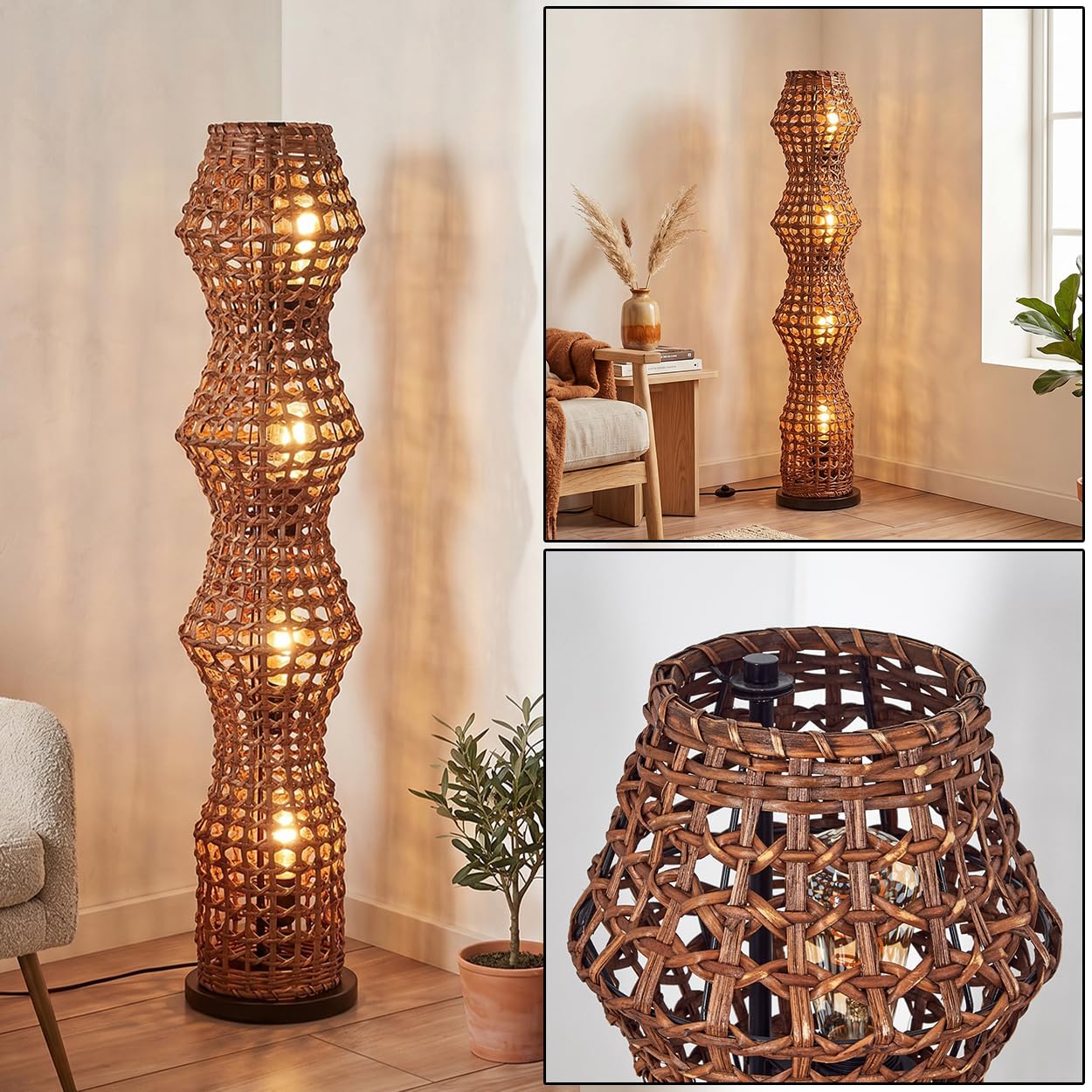 hofstein Cardeira Floor lamp, Scandinavian Design Floor lamp, Boho Style with Brown Rattan Shade and Light Effect, E27, Height 110 cm, Foot Switch - Living Room, Bedroom, Dining Room, Hallway