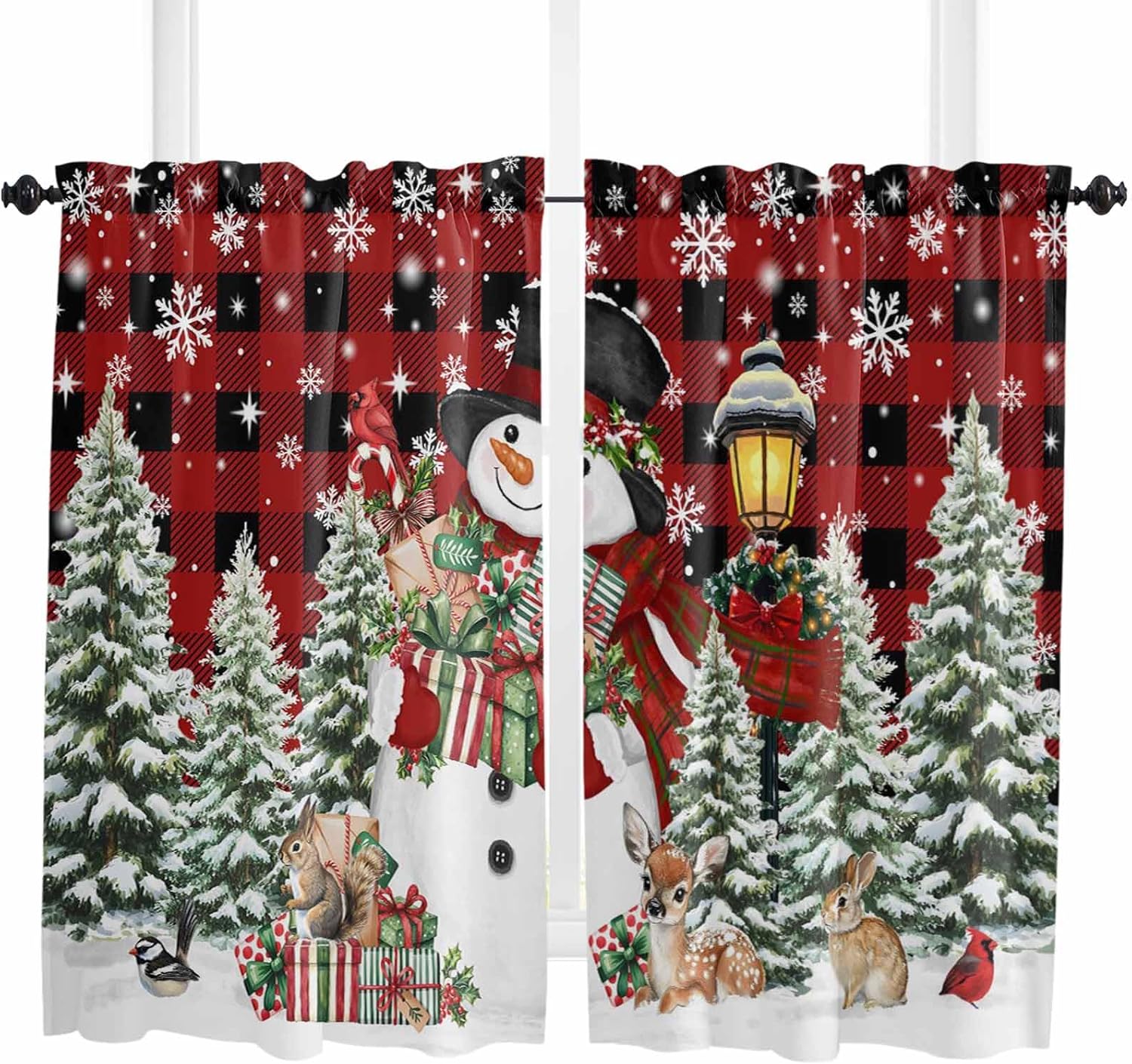 Red Plaid Snowman Christmas Kitchen Curtains, Gifts Xmas Tree Snowflake Winter Elk Light Filter Window Curtain Panels, 2Pcs Rod Pocket Window Treatments Set for Study Room Bathroom Bedroom 52x54 In