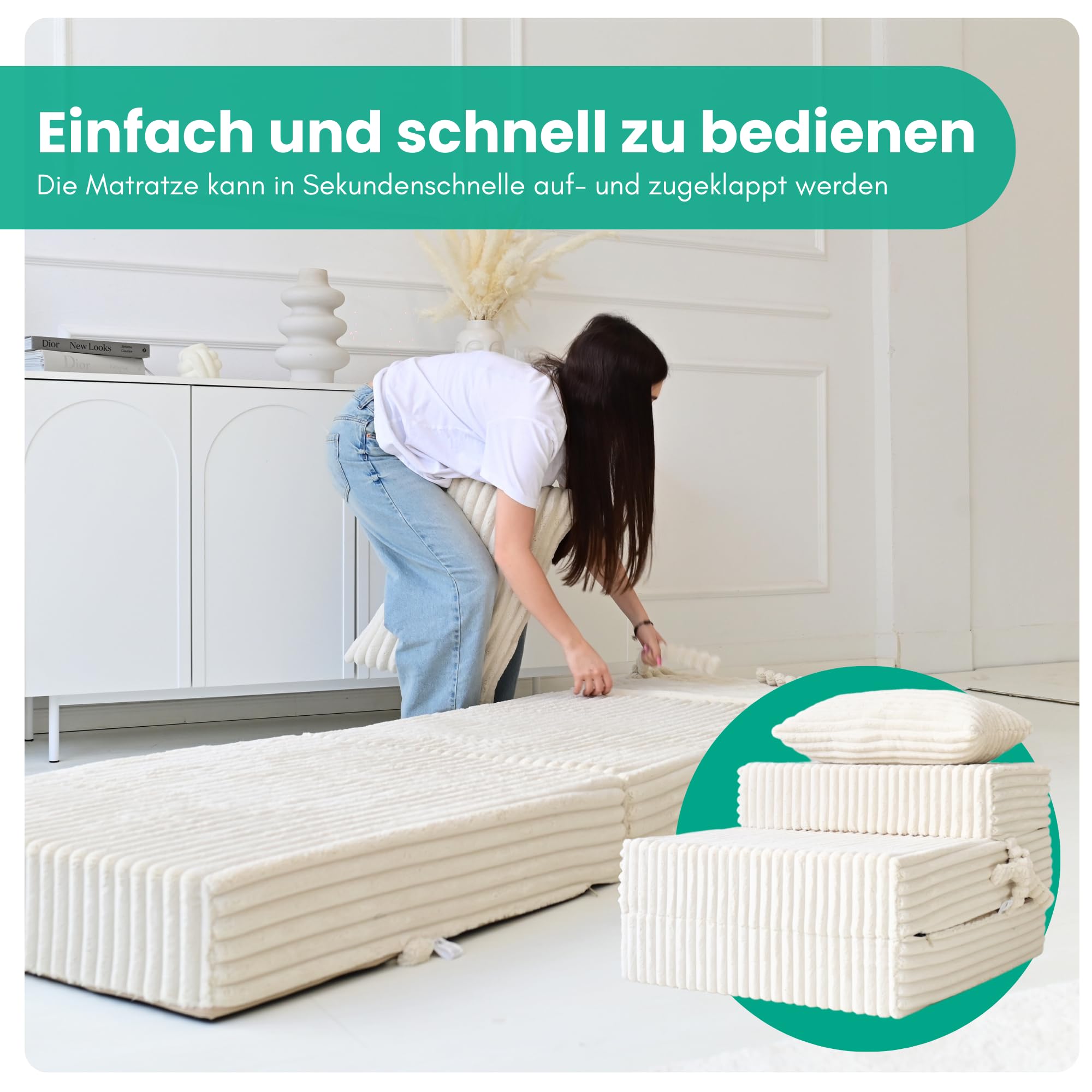 Odolplusz Premium Vouwmatras 70 x 205 x 15 cm, 3-delige vouwmatras met afneembare overtrek, schuim extra dik 15 cm, opvouwbaar gastenmatras, reismatras (grijs