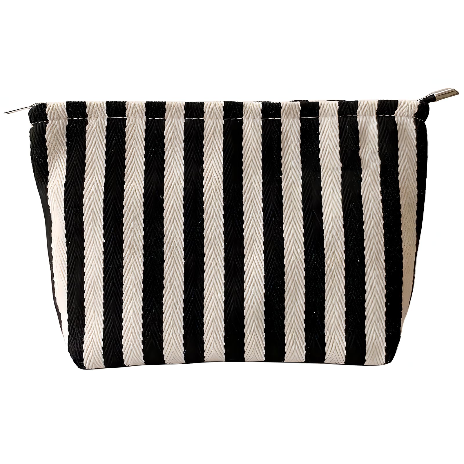 Striped Canvas Travel Makeup Bag - High Capacity Toiletry Pouch With Zipper Closure