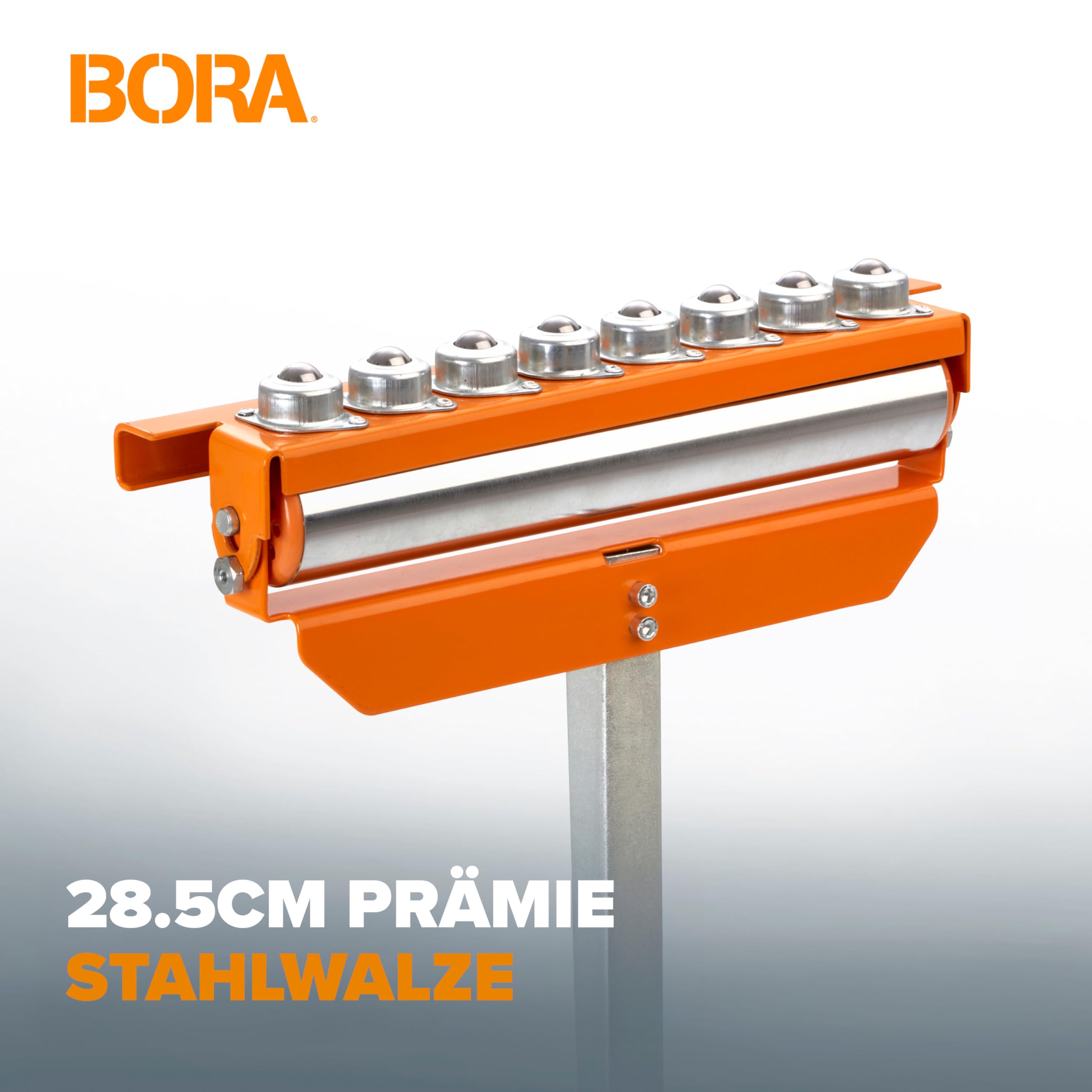 BORA Portamate PM-5093 Rollenständer 3-in-1 – höhenverstellbar 68–110 cm, polierte Stahlrolle 28,6 cm, Kugellager, multidirektionale Kugelrollen, Tragkraft 136 kg