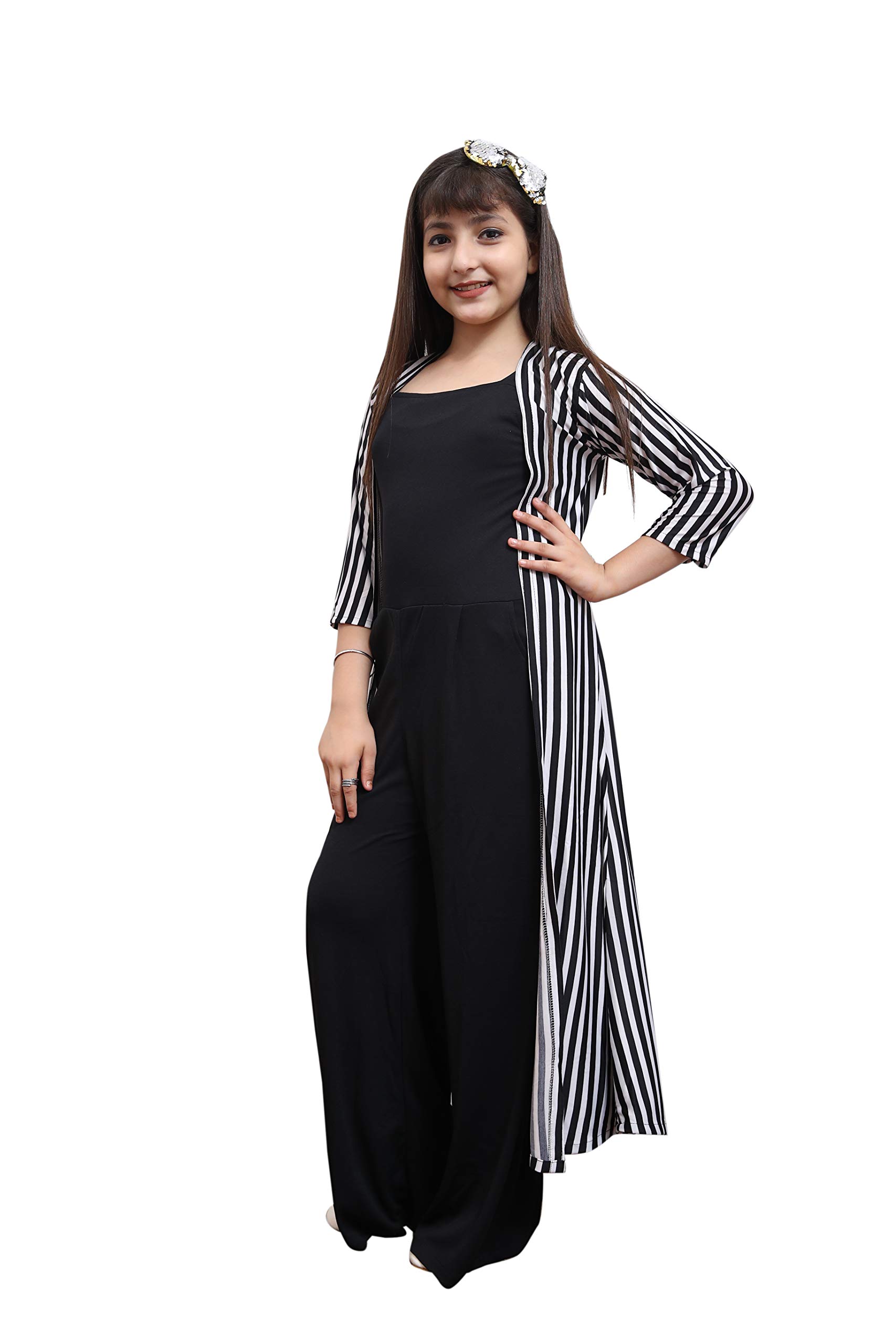Oriex Jumpsuit for Kids Girls with Shrug Striped (10-11 Years, Black) 1