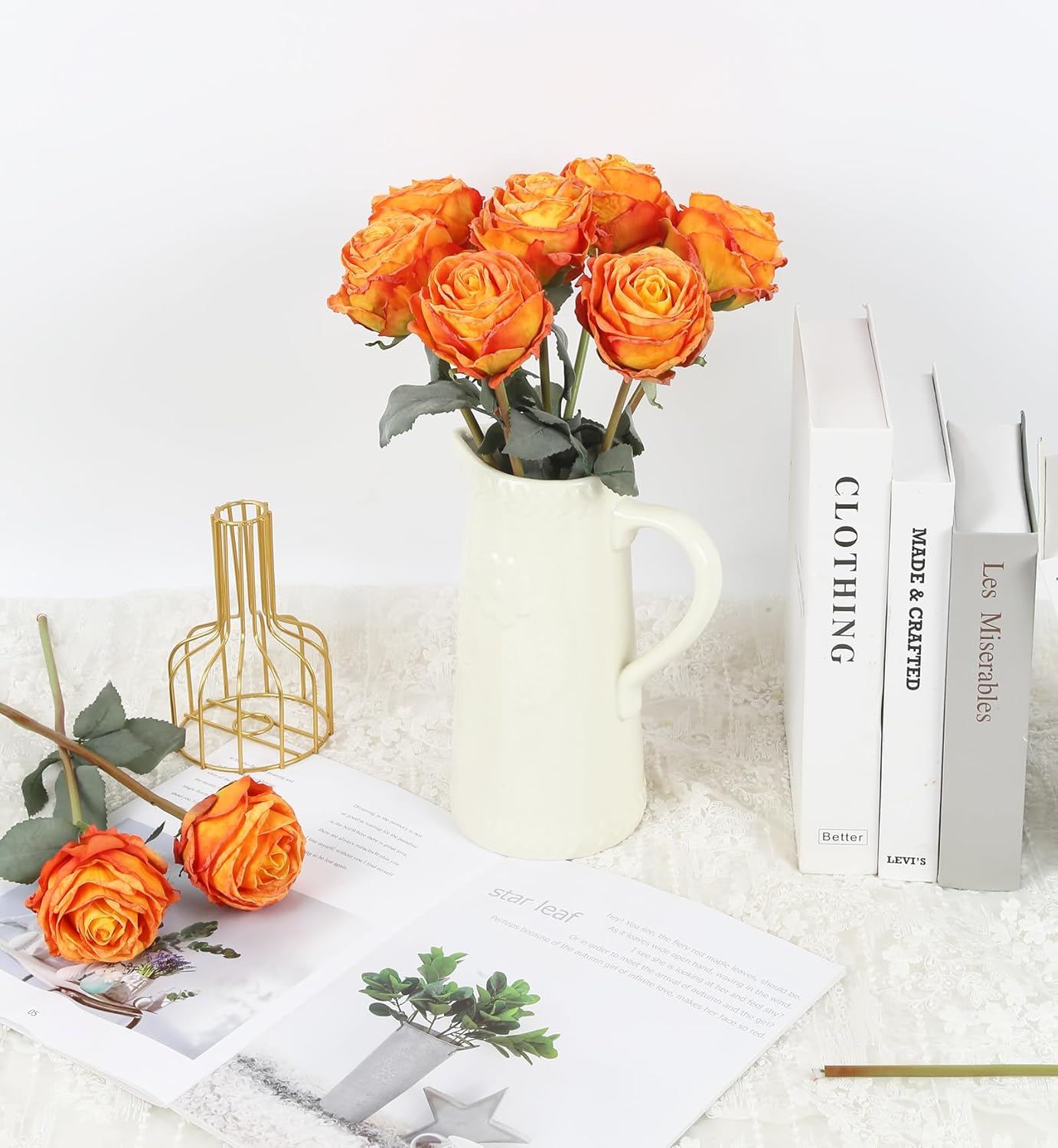 10PCS Orange Roses Artificial Flowers Vintage Silk Fake Flower Bouquet Faux Roses with Long Stems for Wedding Bouquet Table Centerpiece Home Party Decor(Orange) - Image 3