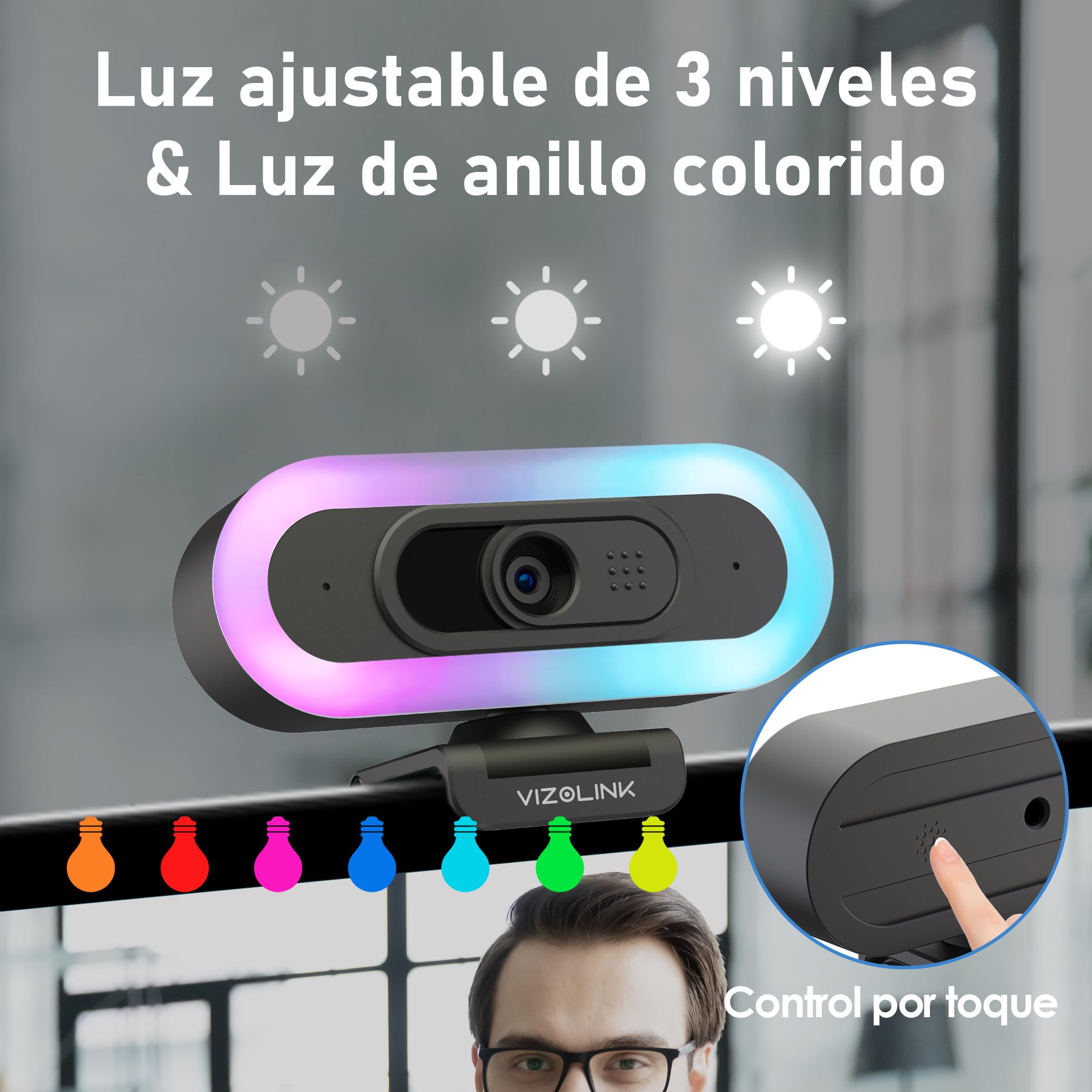 W8LS Webcam 4K 30FPS con Micrófono Anti-Ruido, Luz de Anillo LED, Autofoco, Corrección de Luz, 78°Gran Angular, Tapa Privacidad, Plug & Play, Trípode - comptible Zoom, Teams, OBS y Switch 2