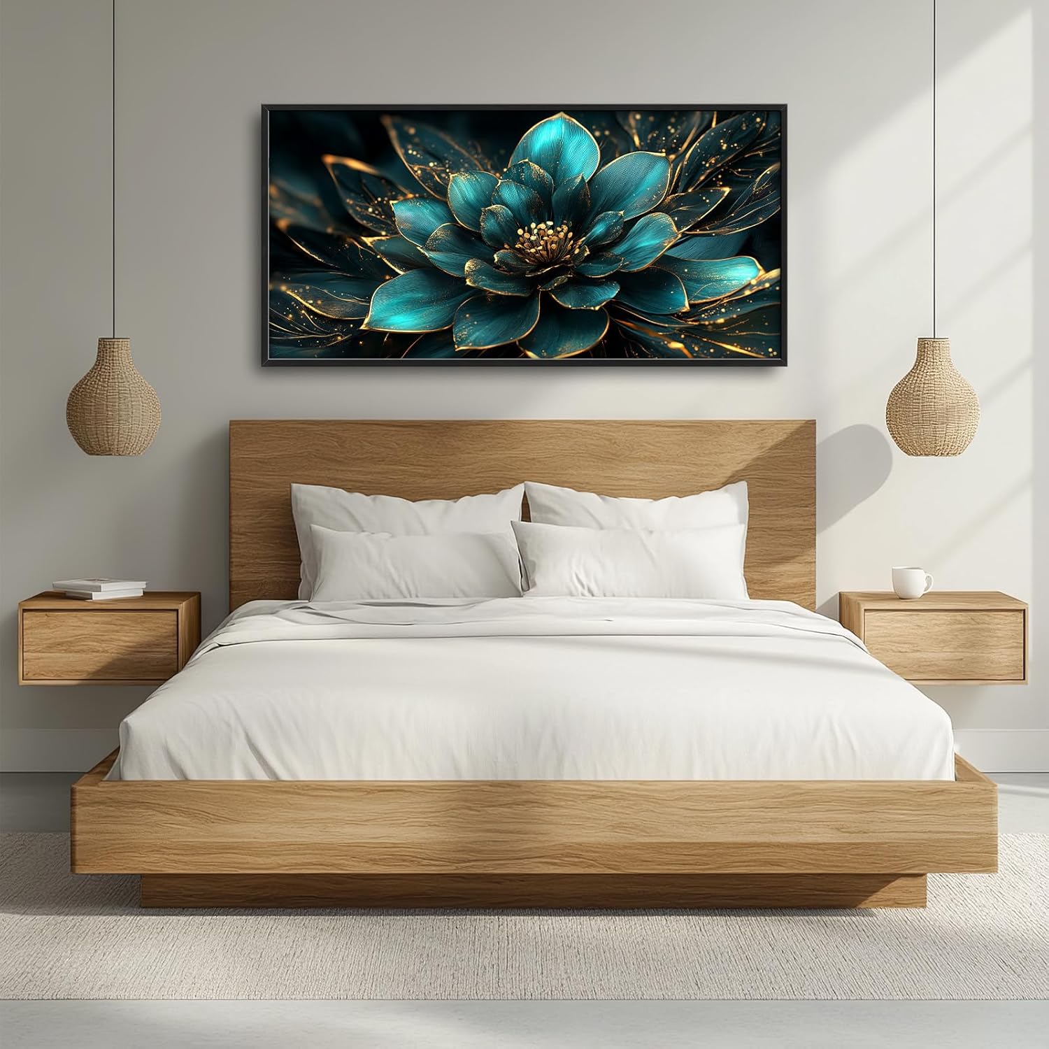 Framed Large Wall Art for Living Room, Teal Flower Canvas Wall Decor, Large Picture Framed Painting, Modern Artwork for Bedroom Office Home Decor 60L'' × 30W''