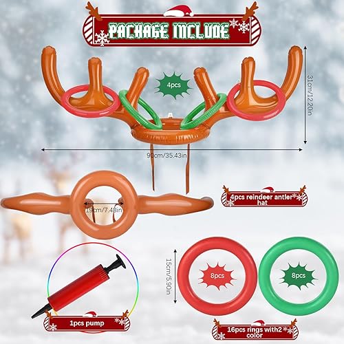 Miniatura 8 de Paquete de 4 juegos inflables de anillos de cornamenta, relleno de calcetín de anillo de reno para juegos de fiesta de Navidad, regalos divertidos