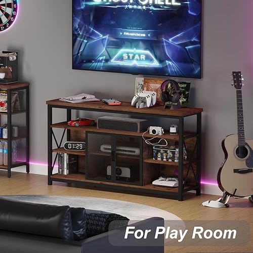 Miniatura 8 de BON AUGURE Soporte de TV alto para televisores de hasta 65 pulgadas, centro de entretenimiento industrial de madera con armario de almacenamiento,