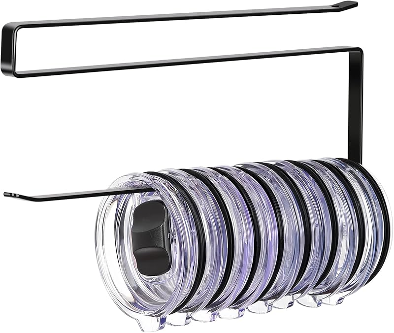Organizador de tapa de vaso, almacenamiento versátil de tapa de vaso con capacidad para 10 tapas, negro | Organizadores de tapas de tazas que ahorran espacio, gancho para tapa de vaso interior de gabinete para organizador y almacenamiento de cocina, colgador de toallero de papel