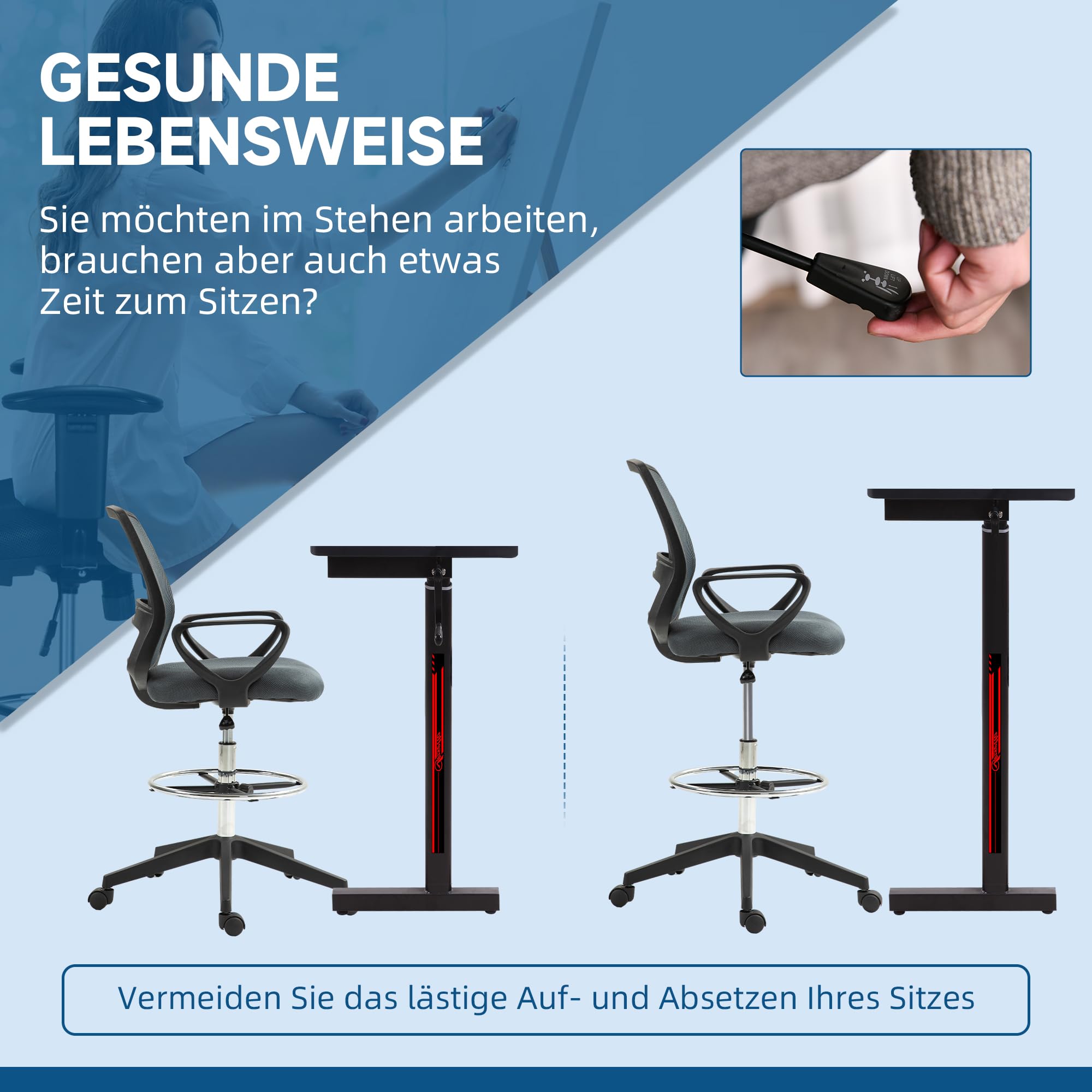 Vinsetto Bürostuhl Ergonomischer Schreibtischstuhl mit Armlehnen Grau | Verstellbarer Fußring, Höhenverstellbarer Drehstuhl, Netzbespannung