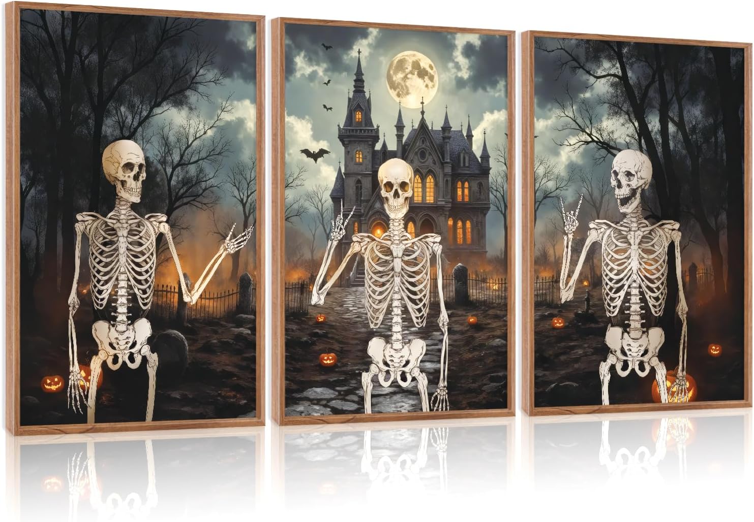 CHDITB Spooky Skeleton Framed Canvas Wall Art Set, Pumpkin Wall Decor, Strange Haunted Mansion Art Wall Painting, Vintage Gothic Skull Art Prints for Living Room, Halloween Party Decoration 16"x24"x3 Skeleton 16"L x 24"W
