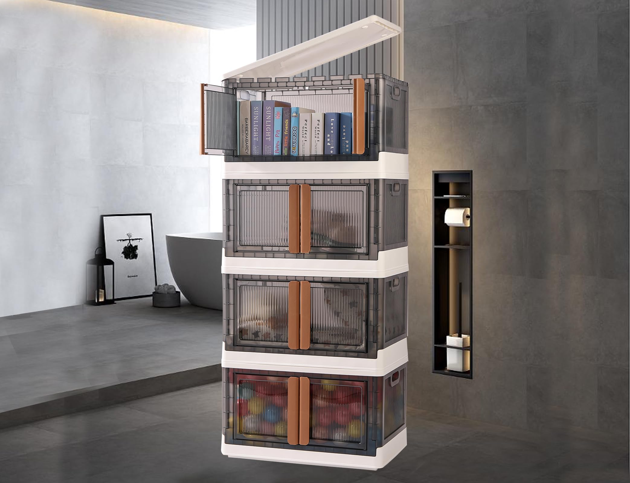 Collapsible Clothes Storage with Wheels can be Freely Stacked, Stackable Bins with Lid and Door for Toy, Seasonal Clothes, Keepsakes, Decorations, Shoes?Food Items.(19 Gal 4Pack)