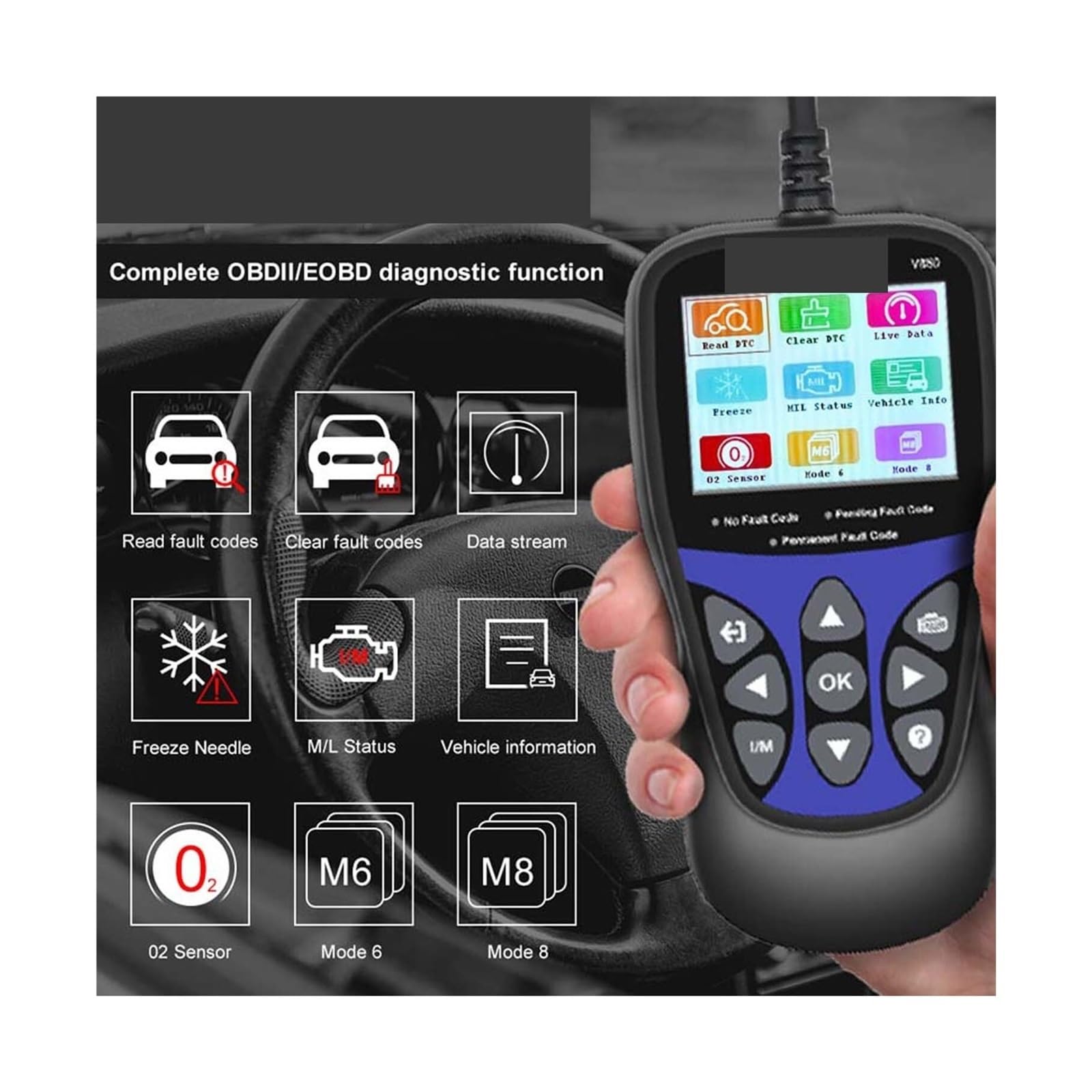 V850 Car Diagnostic Scanner OBD2 Engine Check Automotive Code Reader Battery Multi-languages