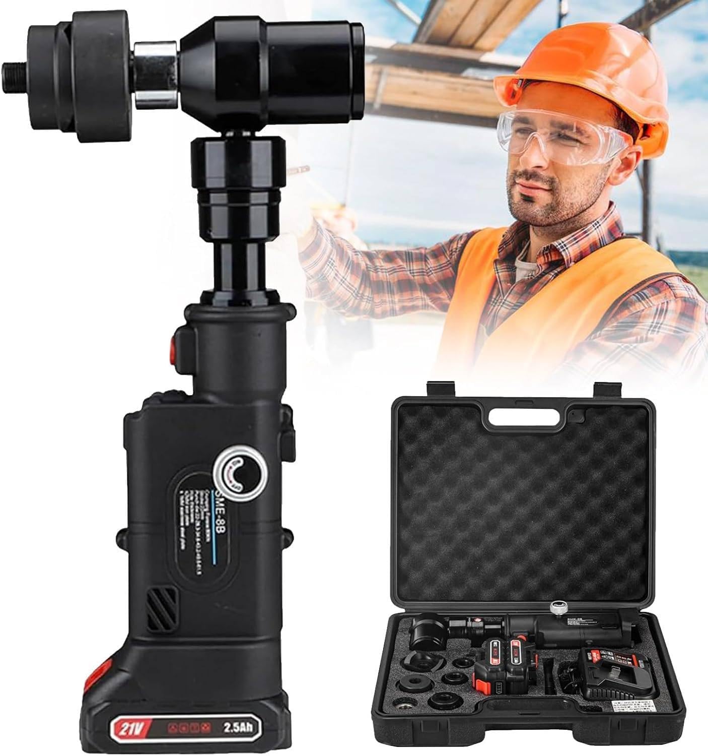 BOOZXCV 200W 18V Hydraulic Hole Punch, with 5 Dies & 2x4000mAh Battery, Punches 6mm Metal in 8s, Cordless Knockout Punch Kit for Electrical Work