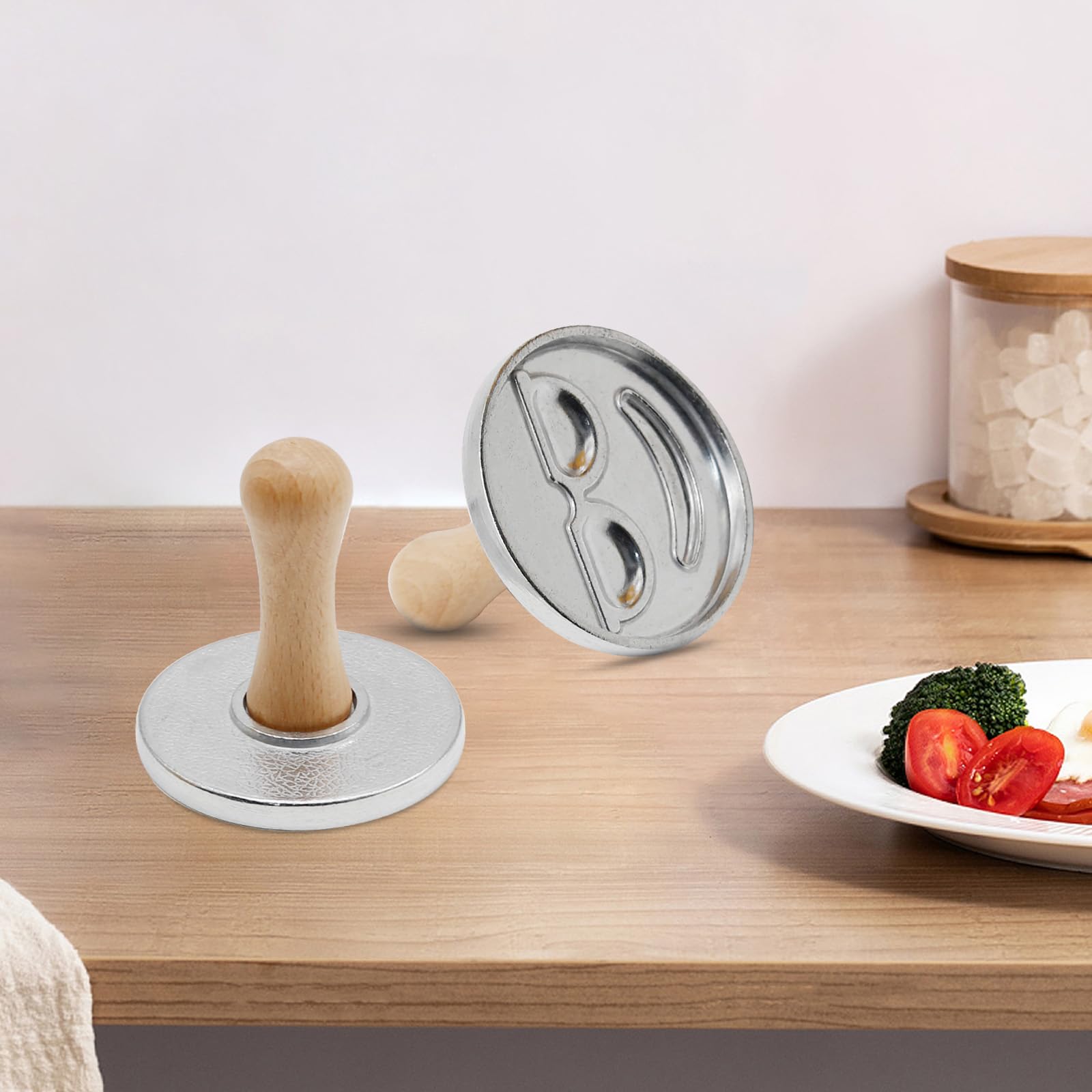 Hoypeyfiy 6 sellos de galletas para hornear, sellos geométricos de cítricos y emojis con mango de madera dura natural, molde redondo de metal de 3 pulgadas para pasteles, pasteles, horneados