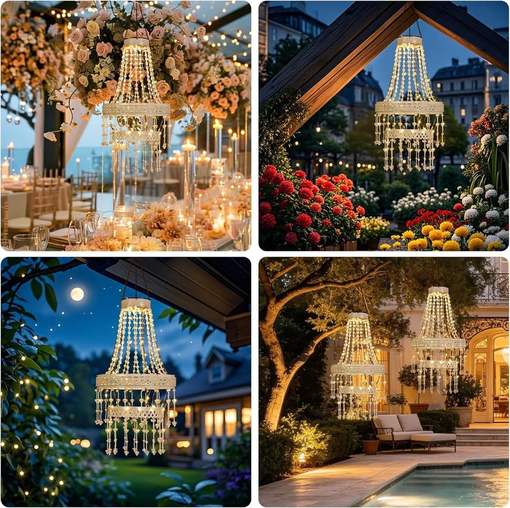 OOWOKS Solar Kristall Kronleuchter Außen Hängelampe IP44 Wasserdicht 3000K Warmweiß Solar Hängelampe mit Acryl Perlen Automatische Ein/Aus für Pergola Baum Terrasse Garten Hochzeitsdeko