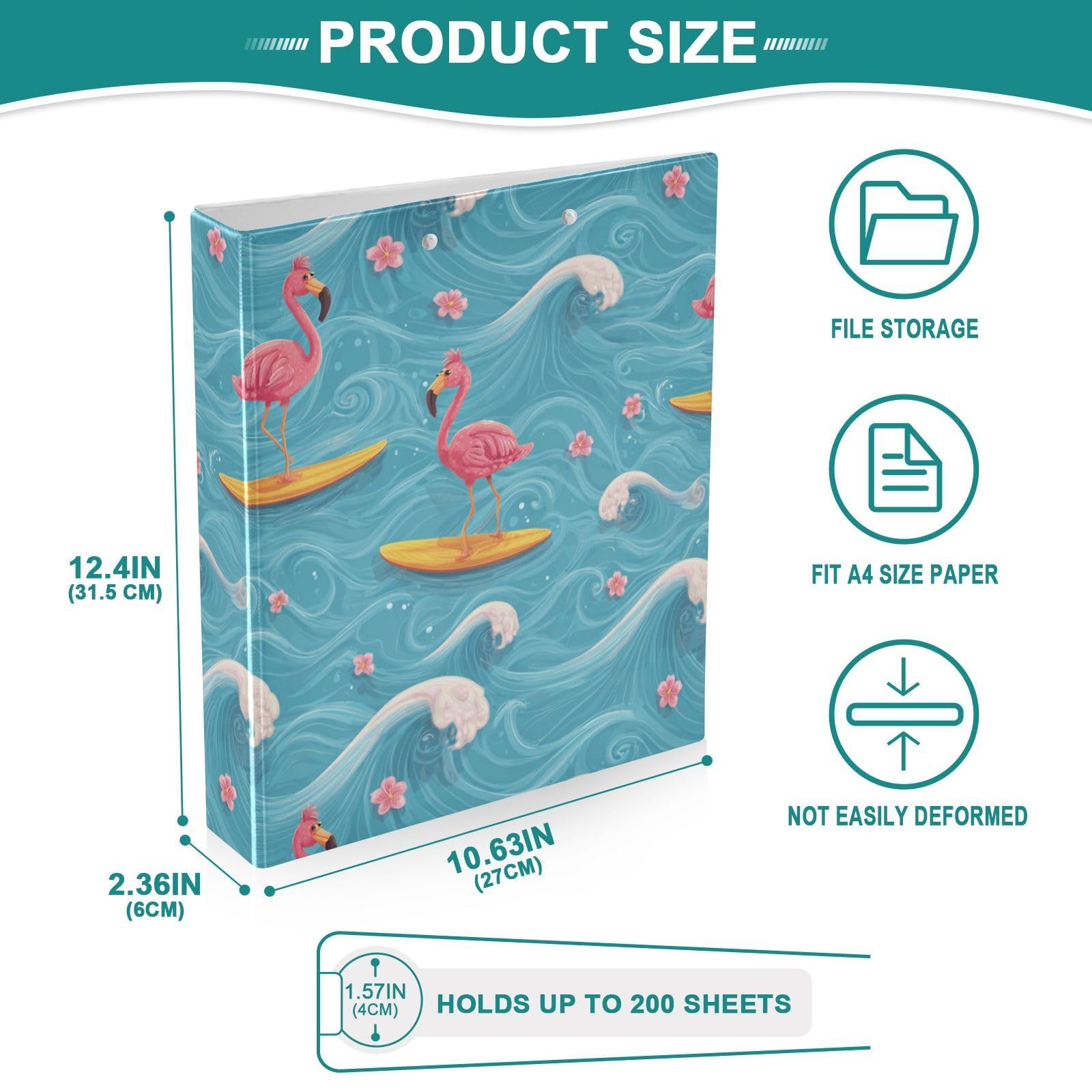 Kcldeci Raccoglitore a 3 anelli con copertina rigida per carta formato lettera, motivo fumetto surfing fenicottero 1 anelli rotondi da 3,8 cm, organizer per scuola/ufficio, confezione da 2