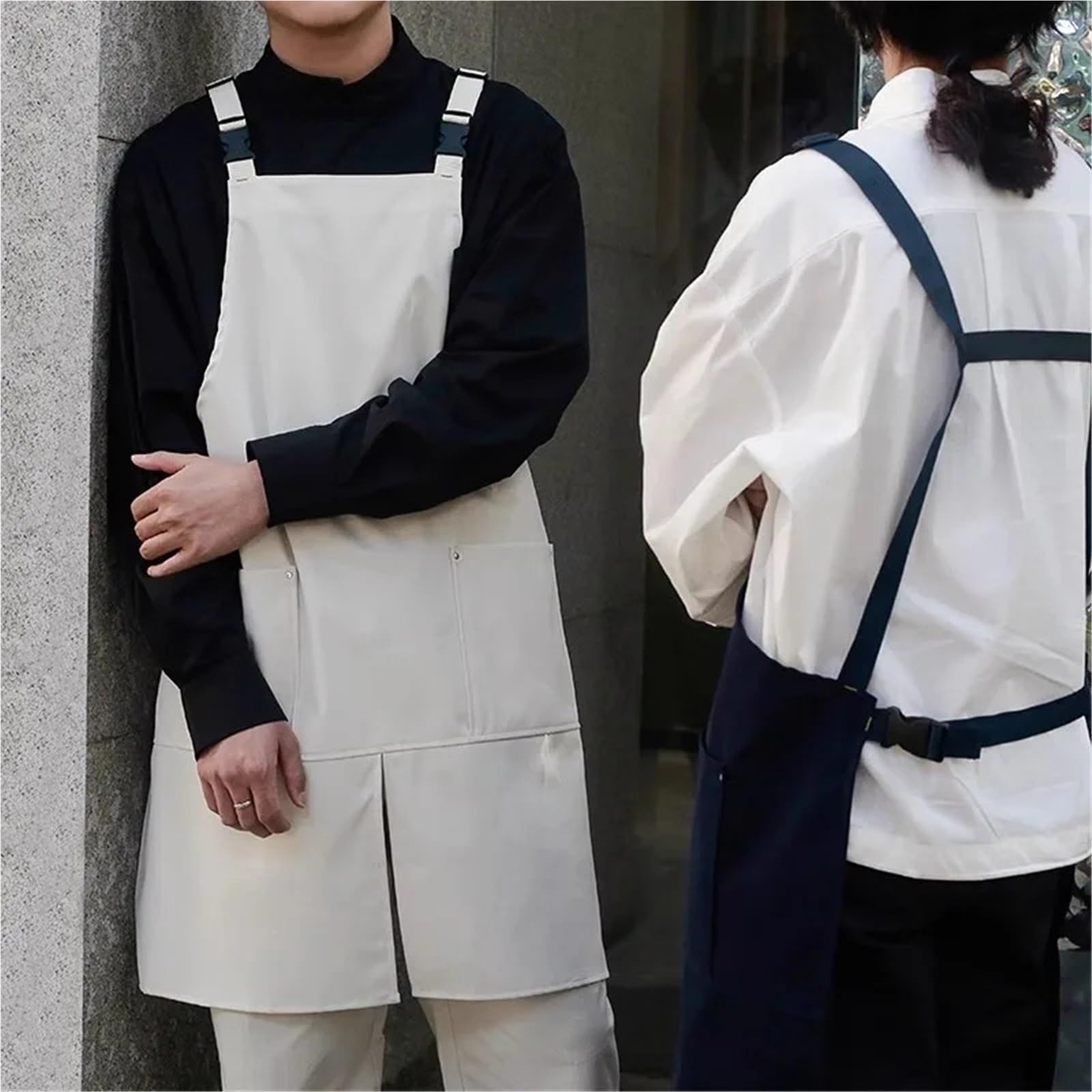 Delantal de Cerámica con Perneras Delantal de camarero impermeable con bolsillos for cocina, catering, cafetería, abertura frontal, for hombre y mujer, ropa trabajo antisuciedad for salón
