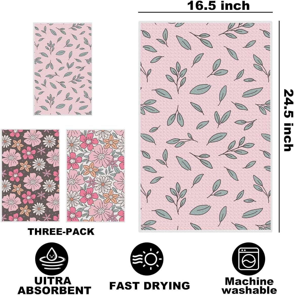 Hanamiya Na 3Pcs Vibrant Pink Flower Leaves Kitchen Towels, Adorable Pastel Decorative Absorbent Microfiber Dish Cloth Tea Towel, Durable Hand Towels for Farmhouse Home Bathroom, Housewarming Gifts - Image 2