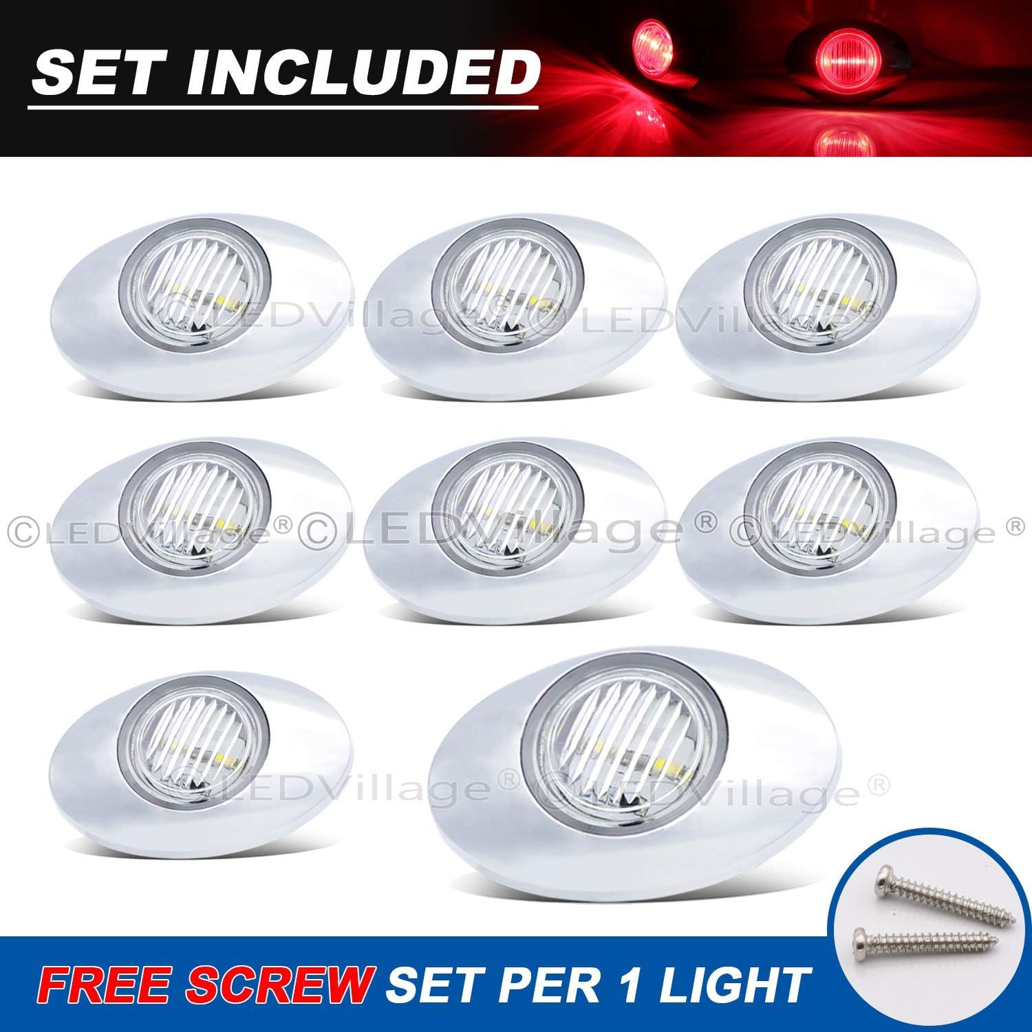 3 Inch Oval Clear Lens Red LED Side Marker Light Sleeper Guard Panel Lamp for Trailer Lorry Tractor Boat Truck 12V DC with Chrome Bezel Q0 [Pack of 8]