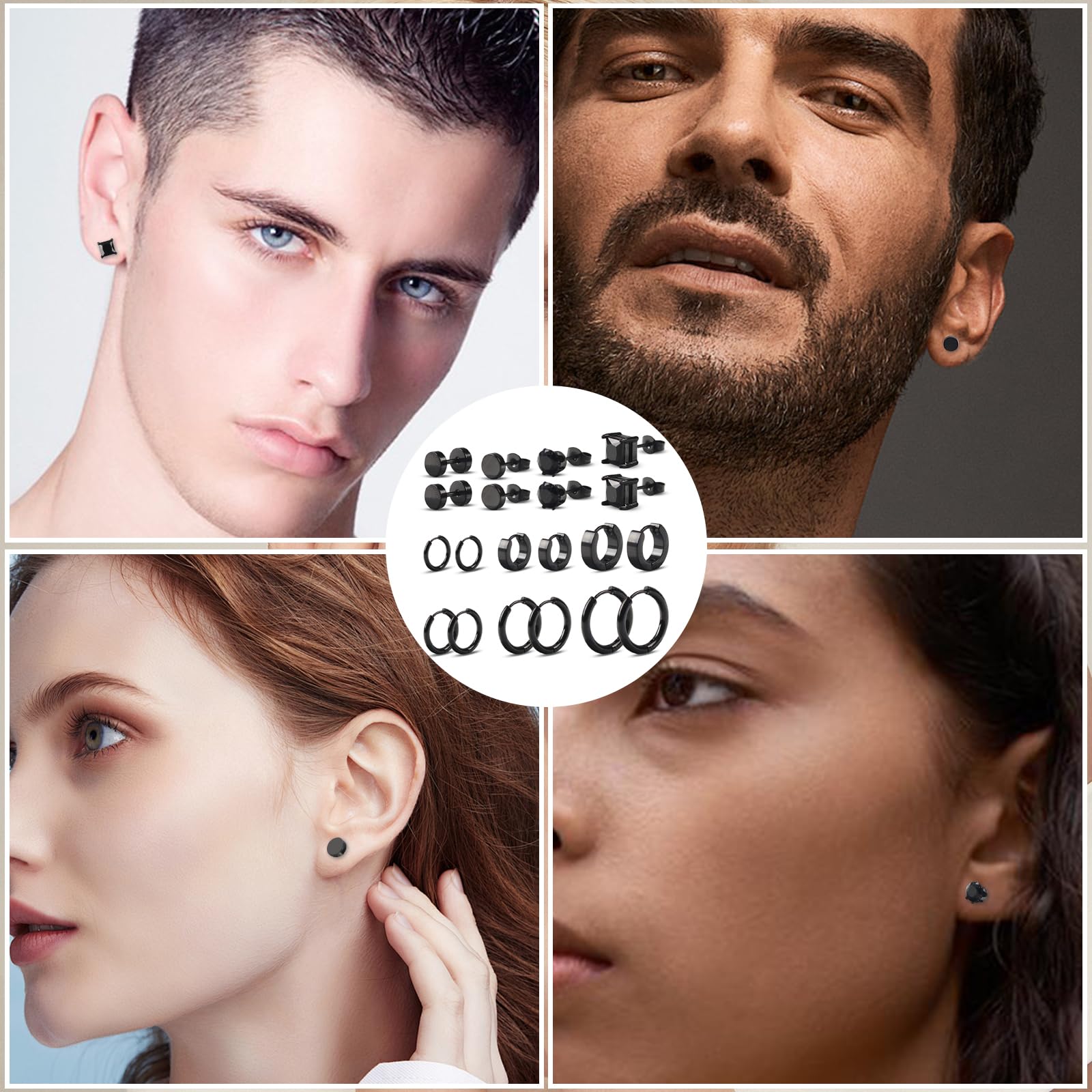 10 Par Czarnych Kolczyków Męskich, Kolczyki ze Stali Nierdzewnej Czarne Damskie, Hipoalergiczne Kolczyki do Piercingu Męskie, Kwadratowe Kolczyków z Cyrkonii Sześciennej Uniseks Czarne Męskie