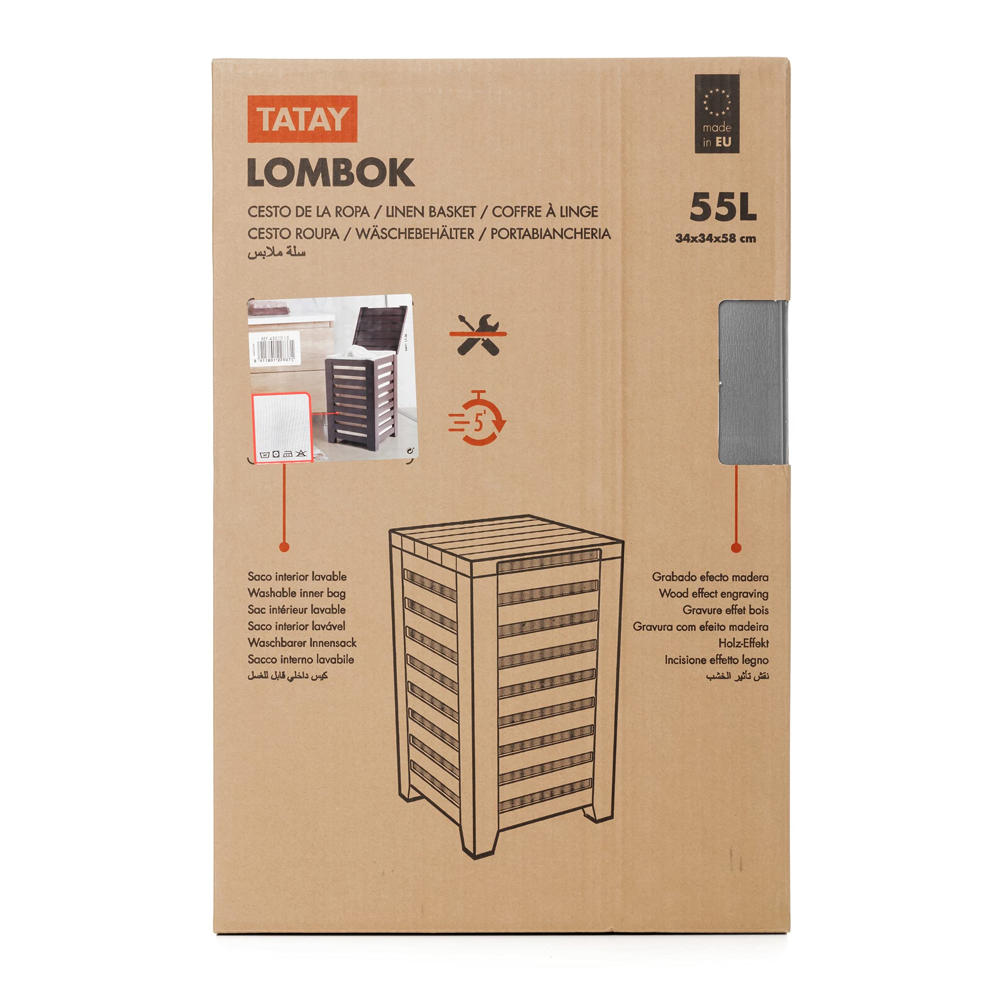 TATAY Cesto Biancheria Lombok 34x34x58 cm Senza BPA Polipropilene | Cesto Biancheria Casa | Capacità 55 L | Misure 34x34x58 cm | Materiale Senza BPA | Polipropilene Resistente, Grigio