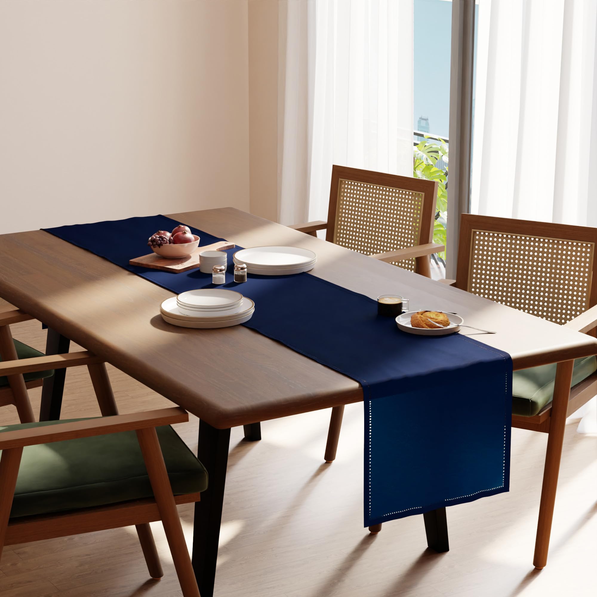 Encasa XO Runner da Tavolo | Puro Cotone con Design Orlato | Dimensioni 40x183 cm | Scotch Blue - Lavabile in Lavatrice