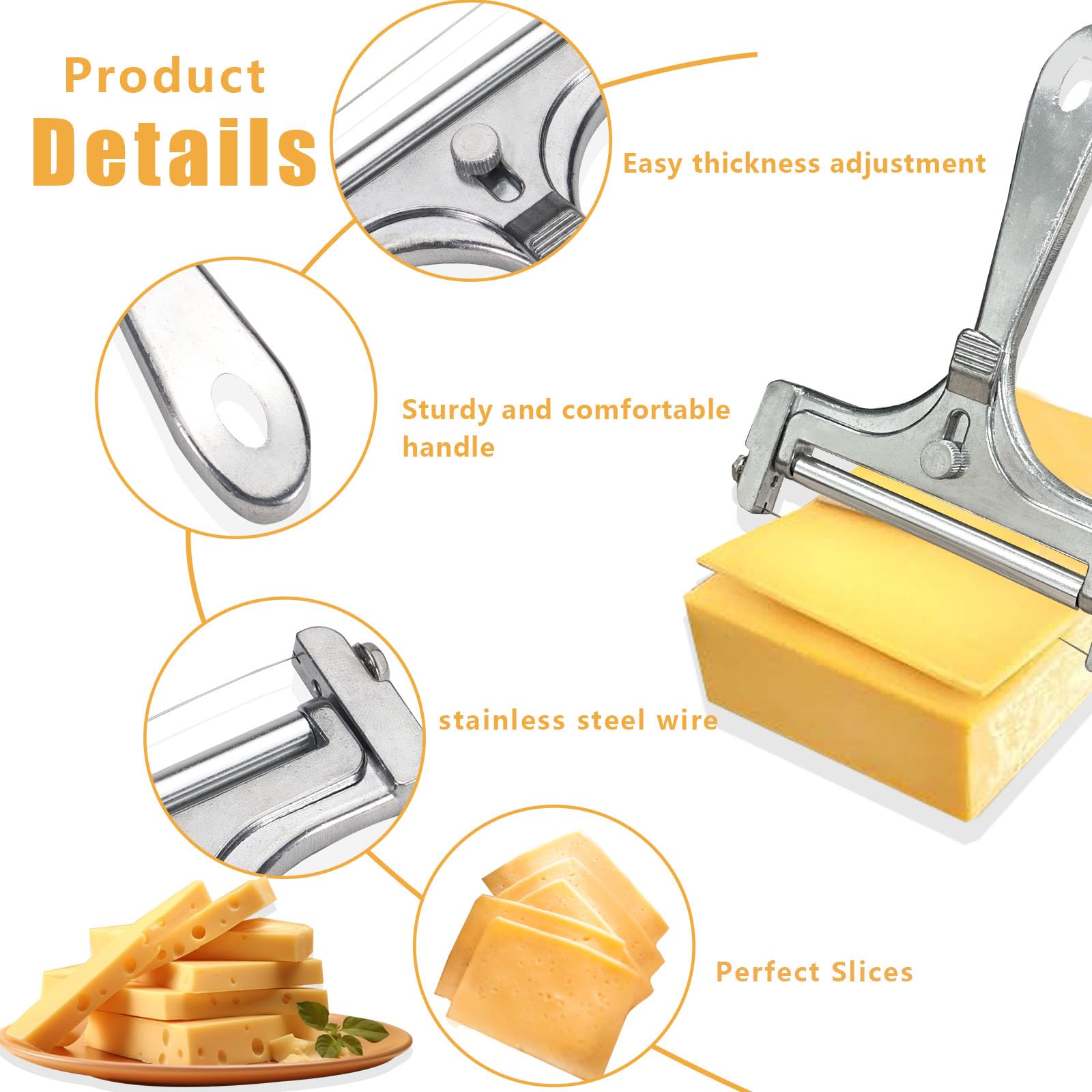 Huakaile Adjustable Cheese Slicer with 4 Extra Wires Replacement, Hand Held Wire Cheese Cutter Shaver - Image 4