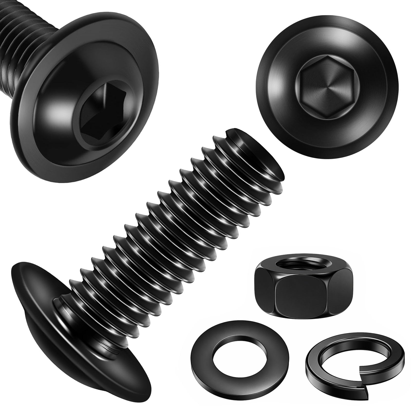 Zynthor 20Pcs M6 x 16mm Flanged Button Head Bolts with Nuts and Flat & Spring Washers, Black 10.9 Grade Alloy Steel Bolts and Nut Set for Machine Fastener
