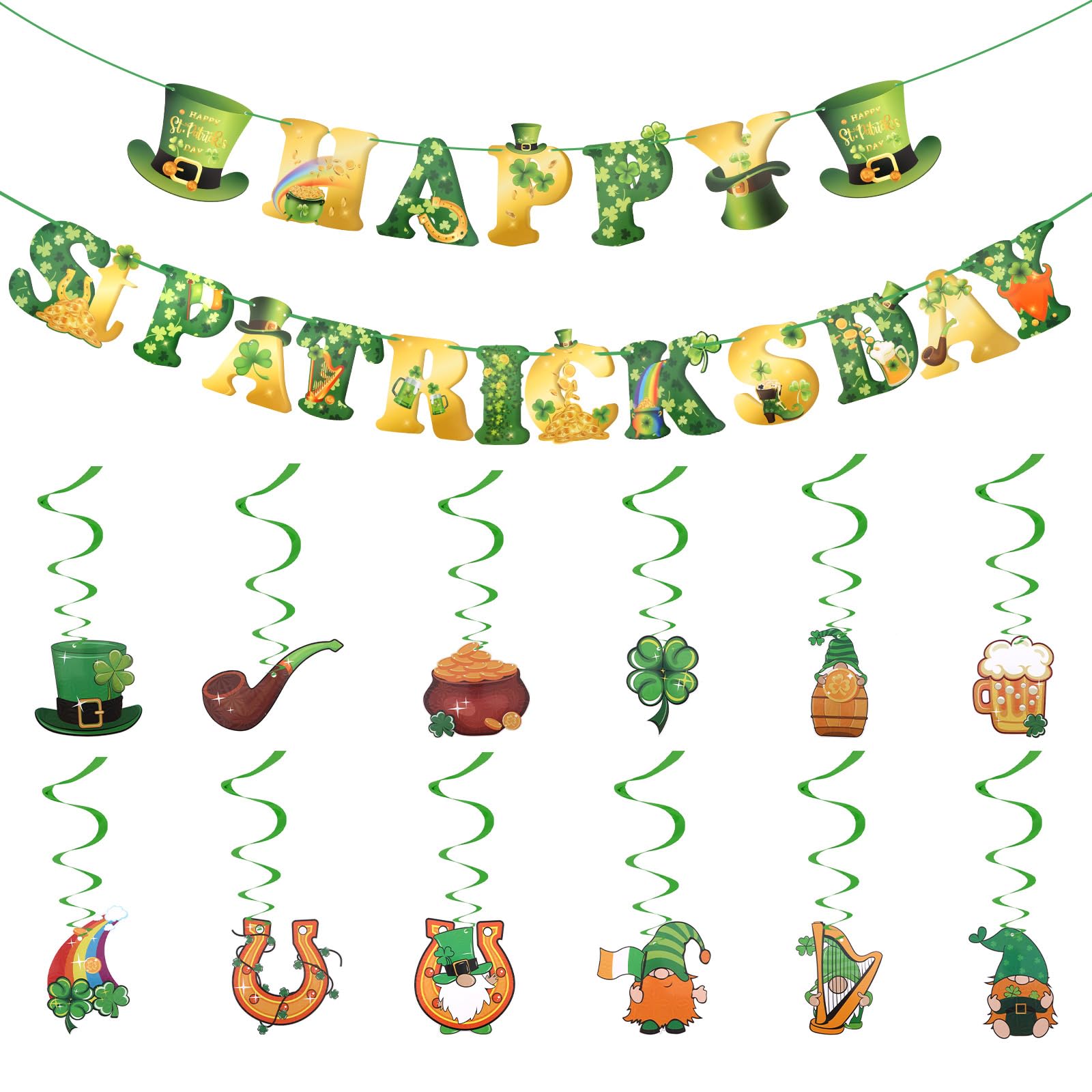 Exipsat St. Patricks Day Dekorationen Banner mit 12 Kleeblatt Kobold Wirbeln Irische Party-Hängedekorationen für Haus Bar