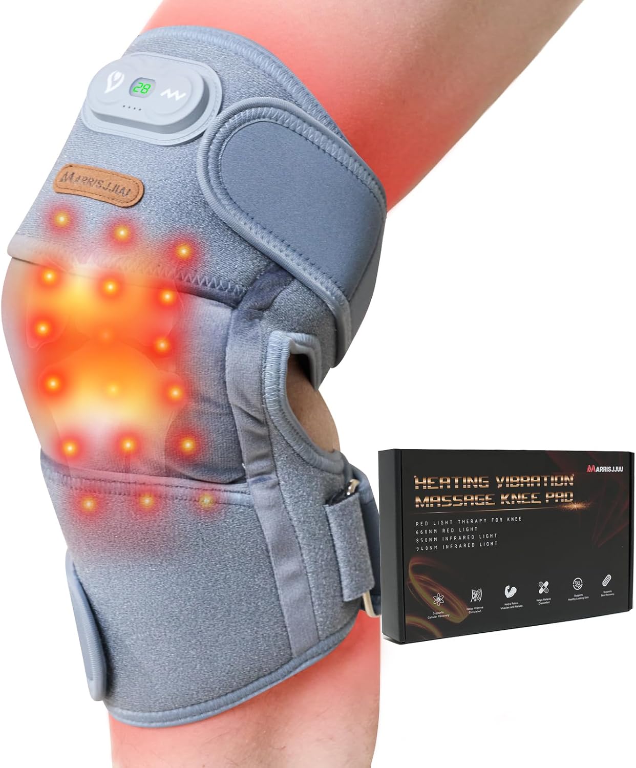 Red Light Therapy Wrap & Knee Massager with Heat & Vibration, 660nm 850nm 940nm Near Infrared, Wireless 5000mAh Controller, 30‑Min Auto‑Off, for Knee Elbow Shoulder (BLACK-1-PACK)
