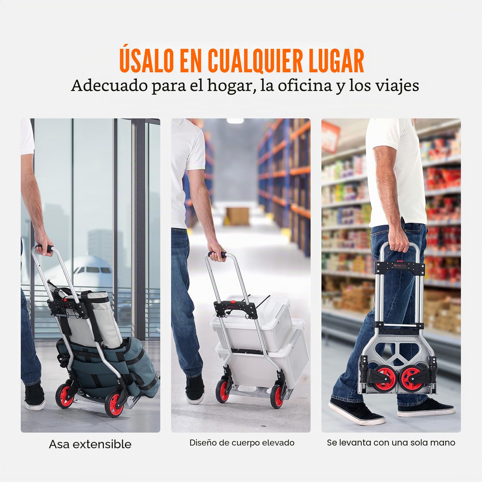 VEVOR Carretilla de Mano Plegable de Aluminio Carga de 80 kg Carro de Mano de Alta Resistencia con Ruedas de Goma Mango Telescópico para Transporte Doméstico, Mercancías de Almacén Supermercado