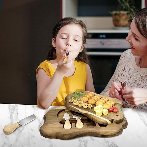 Miniatura 7 de Tabla de quesos de madera de acacia de 2 niveles, tablas de embutidos con juego de cuchillos, bandeja de madera para servir con queso, juego de